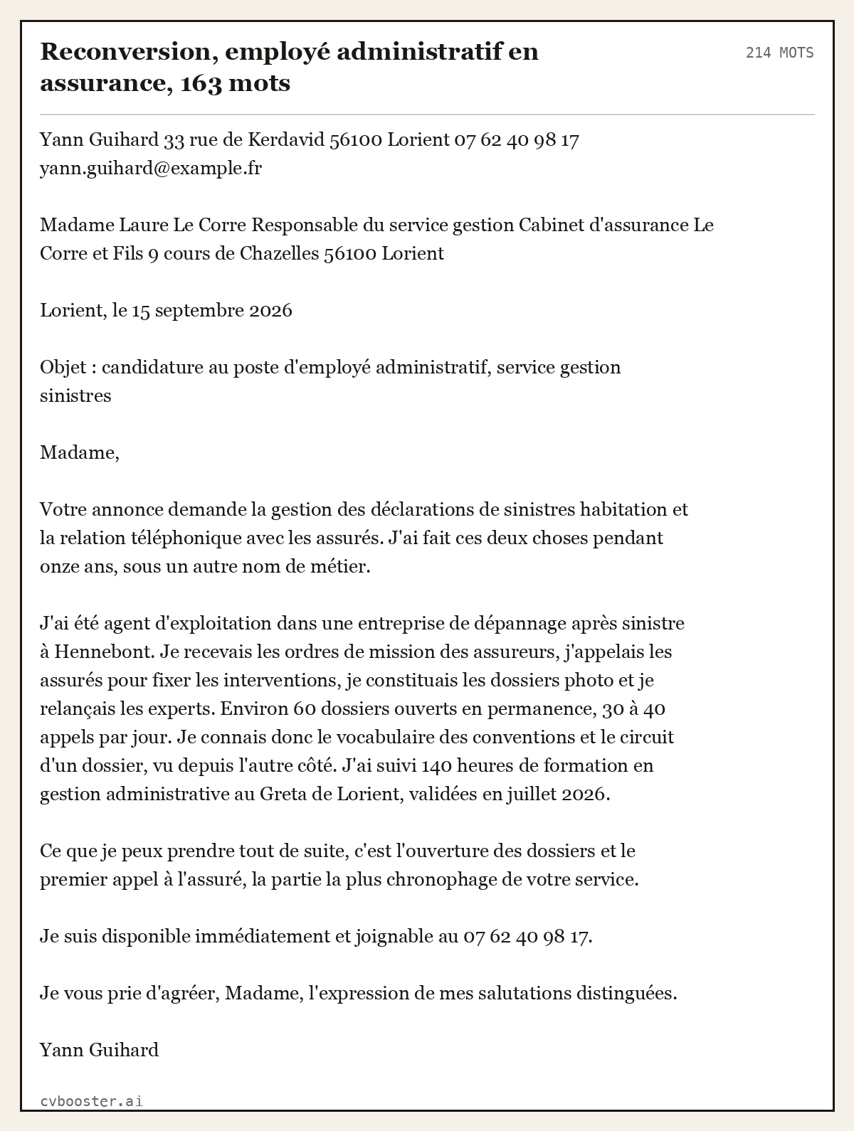 Exemple complet: Reconversion, employé administratif en assurance, 163 mots, 214 mots