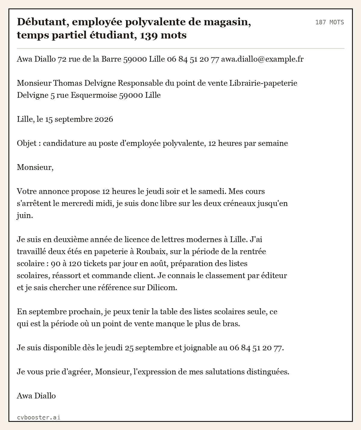 Exemple complet: Débutant, employée polyvalente de magasin, temps partiel étudiant, 139 mots, 187 mots