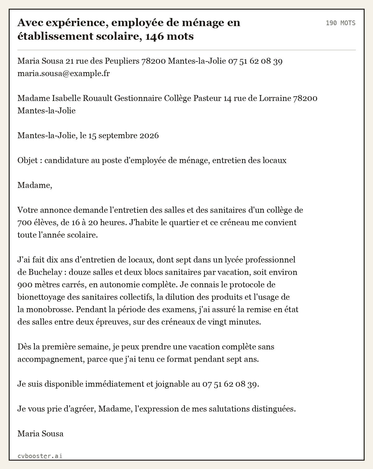 Exemple complet: Avec expérience, employée de ménage en établissement scolaire, 146 mots, 190 mots