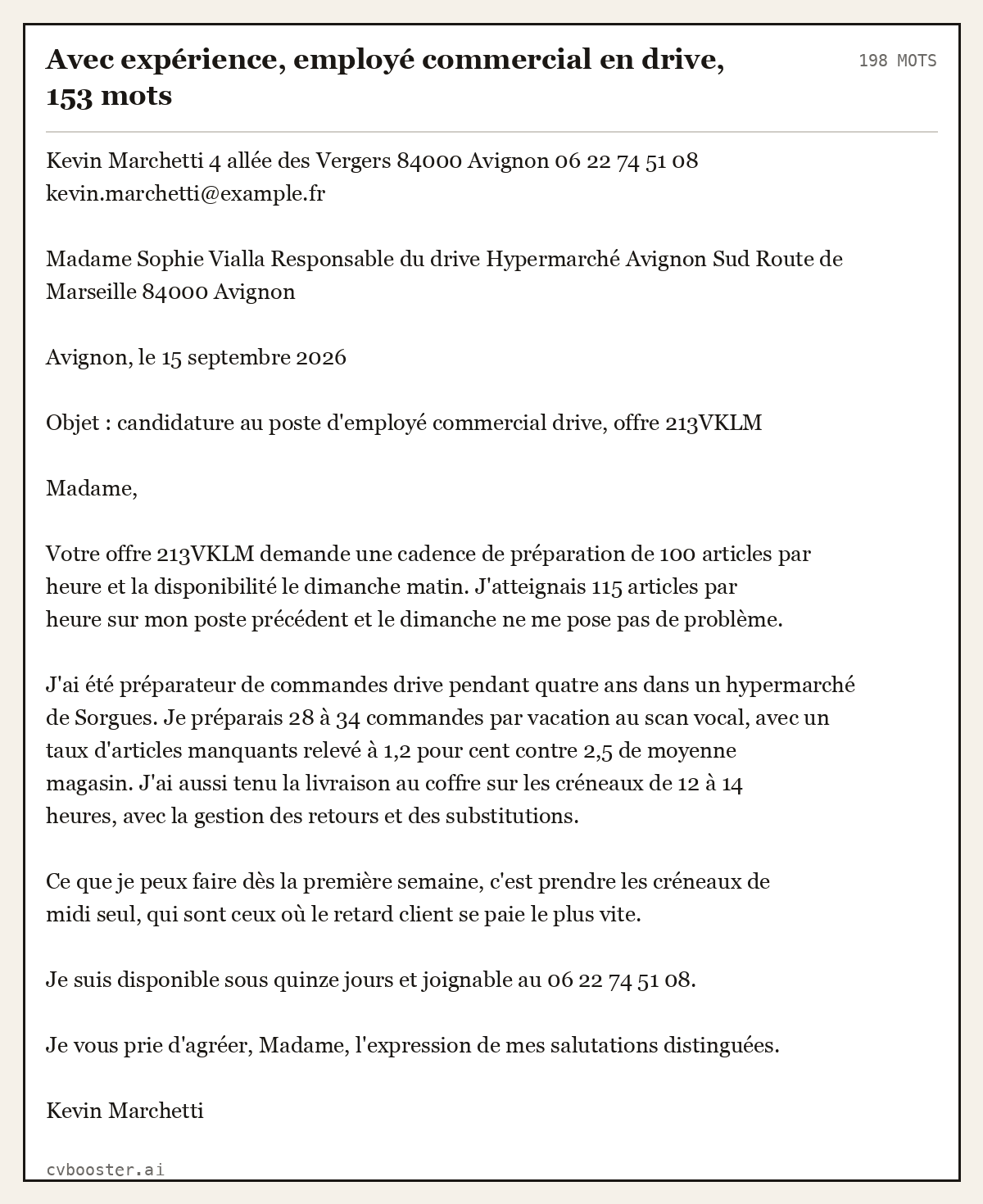 Exemple complet: Avec expérience, employé commercial en drive, 153 mots, 198 mots