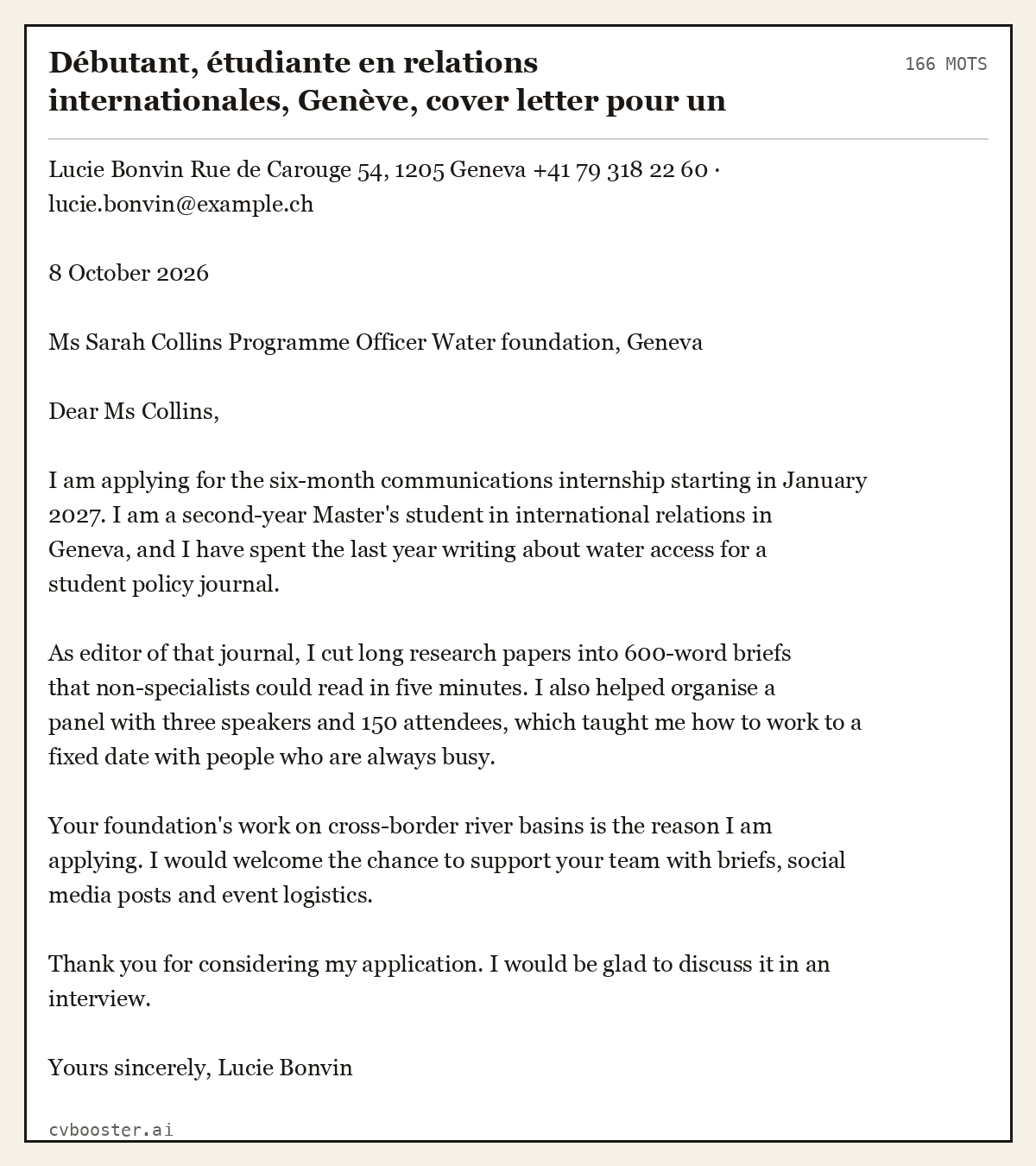 Exemple complet: Débutant, étudiante en relations internationales, Genève, cover letter pour un stage de six mois, 166 mots
