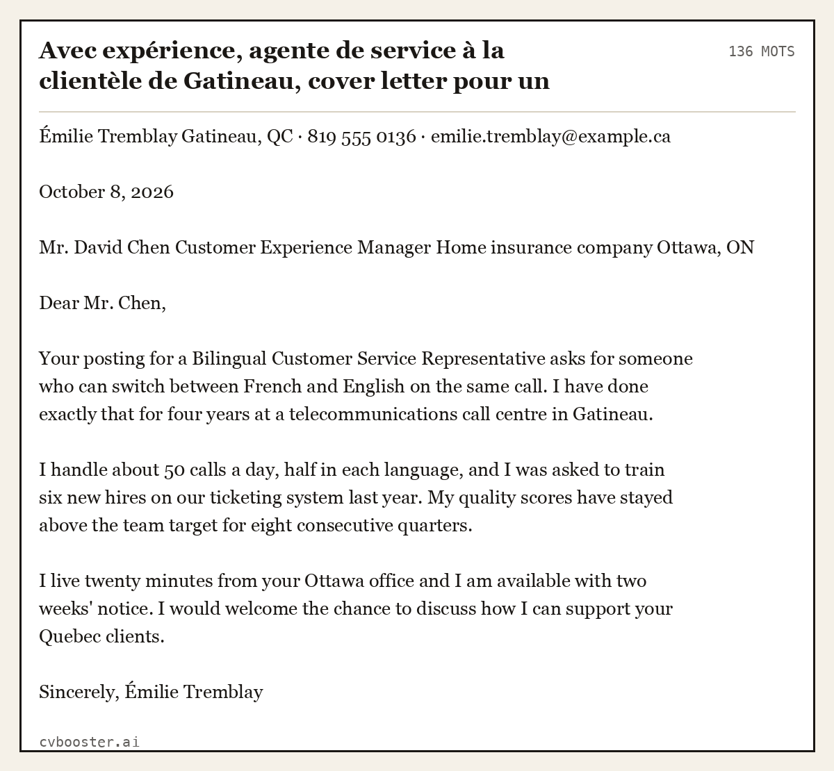 Exemple complet: Avec expérience, agente de service à la clientèle de Gatineau, cover letter pour un poste bilingue à Ottawa, 136 mots