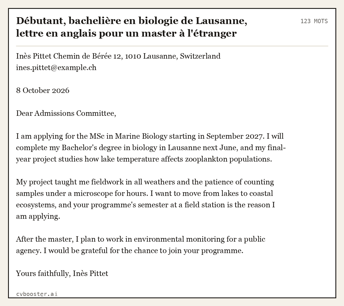 Exemple complet: Débutant, bachelière en biologie de Lausanne, lettre en anglais pour un master à l'étranger, 123 mots