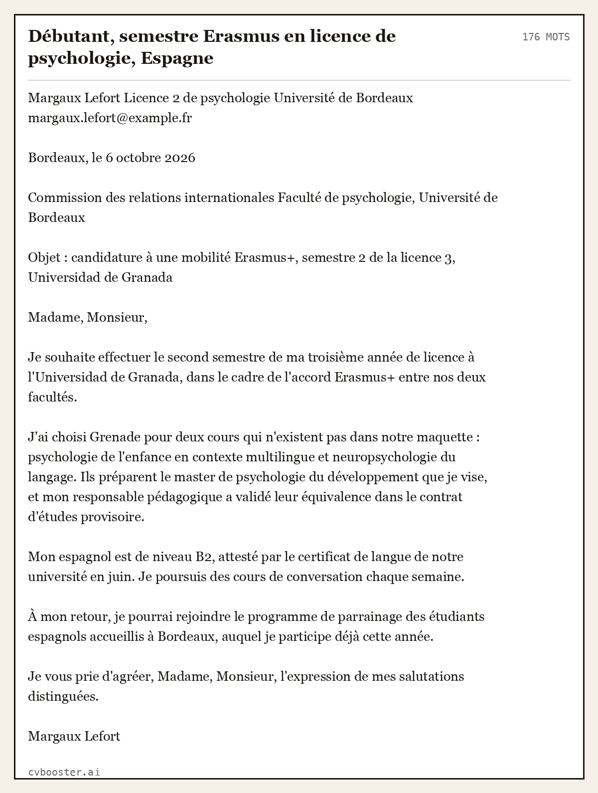 Exemple complet: Débutant, semestre Erasmus en licence de psychologie, Espagne, 176 mots