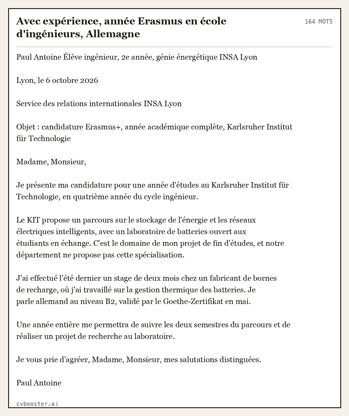 Exemple complet: Avec expérience, année Erasmus en école d'ingénieurs, Allemagne, 164 mots