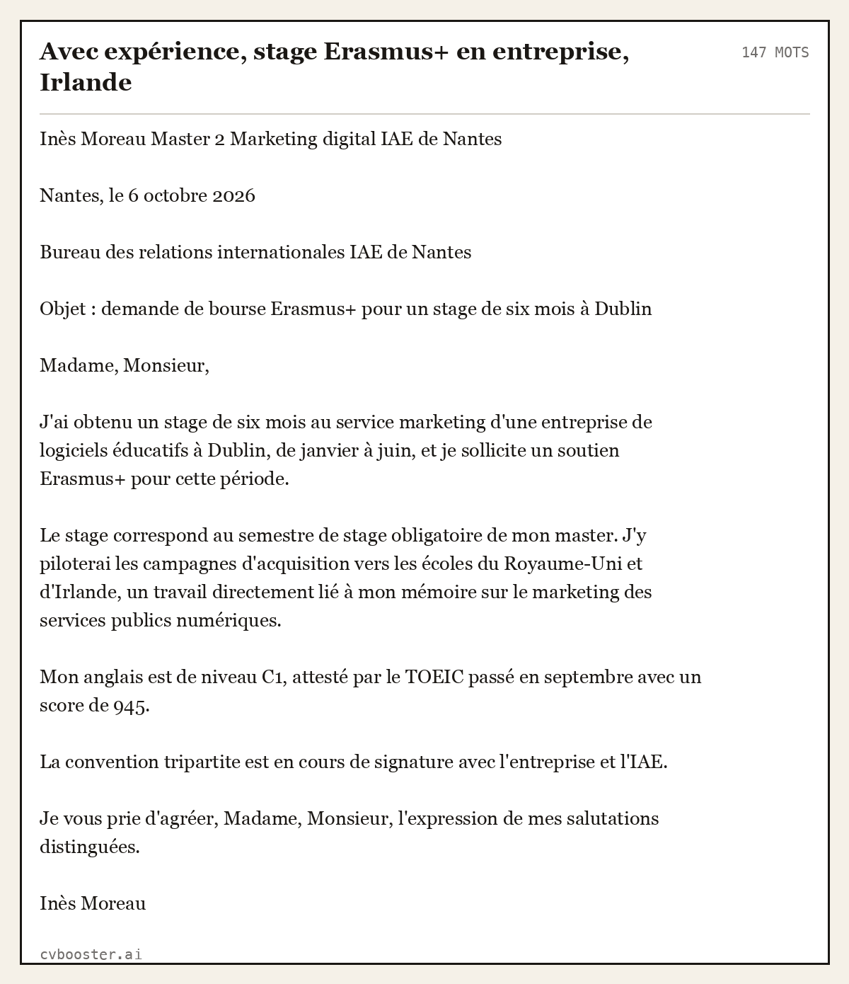 Exemple complet: Avec expérience, stage Erasmus+ en entreprise, Irlande, 147 mots