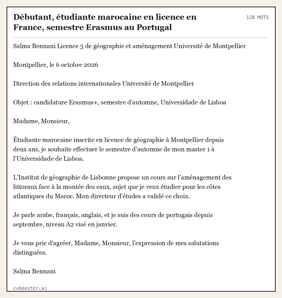 Exemple complet: Débutant, étudiante marocaine en licence en France, semestre Erasmus au Portugal, 128 mots