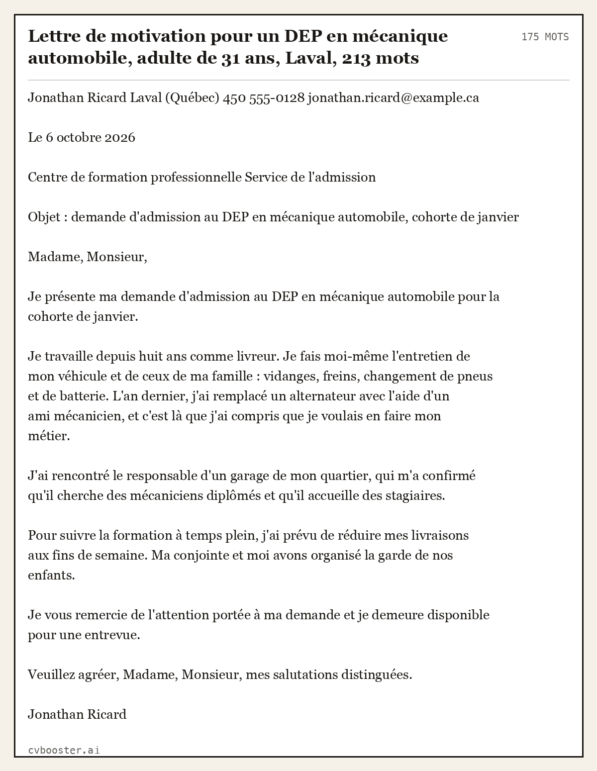 Exemple complet: Lettre de motivation pour un DEP en mécanique automobile, adulte de 31 ans, Laval, 175 mots