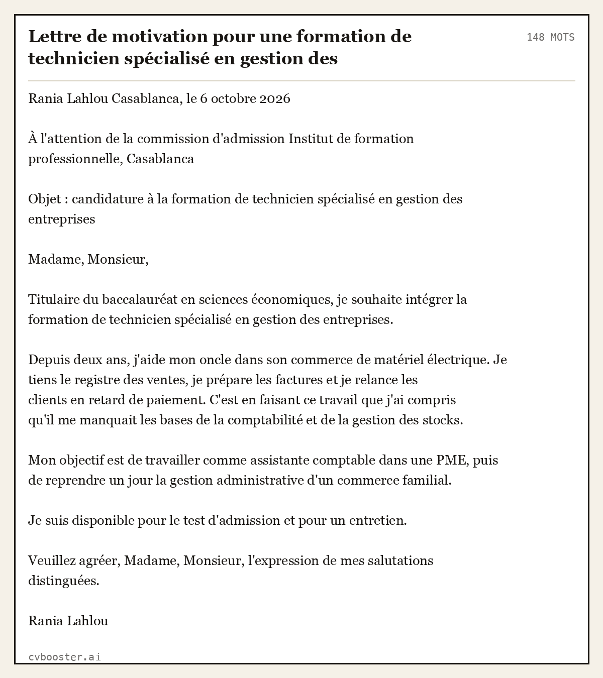 Exemple complet: Lettre de motivation pour une formation de technicien spécialisé en gestion des entreprises, Casablanca, 21 ans, 148 mots