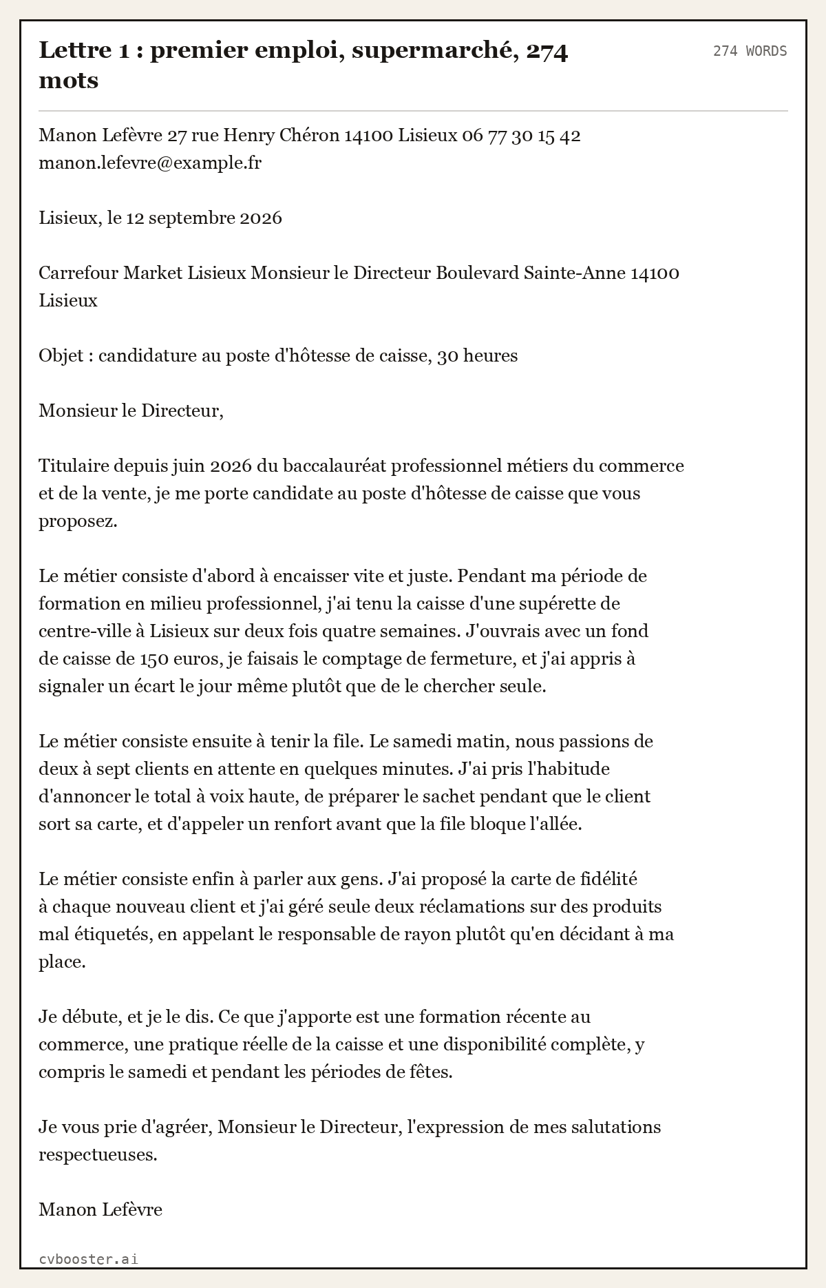 Exemple complet: Lettre 1 : premier emploi, supermarché, 274 mots, 274 mots