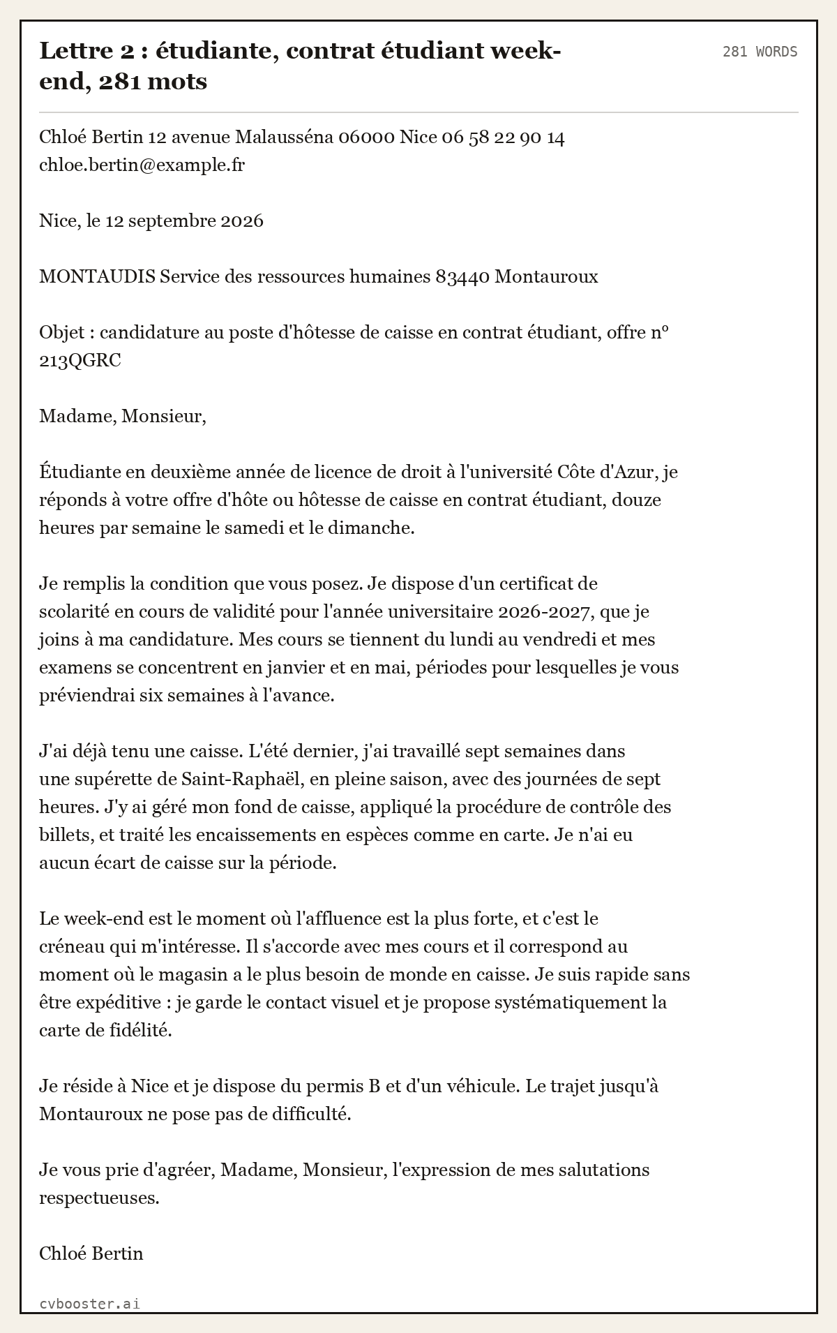 Exemple complet: Lettre 2 : étudiante, contrat étudiant week-end, 281 mots, 281 mots