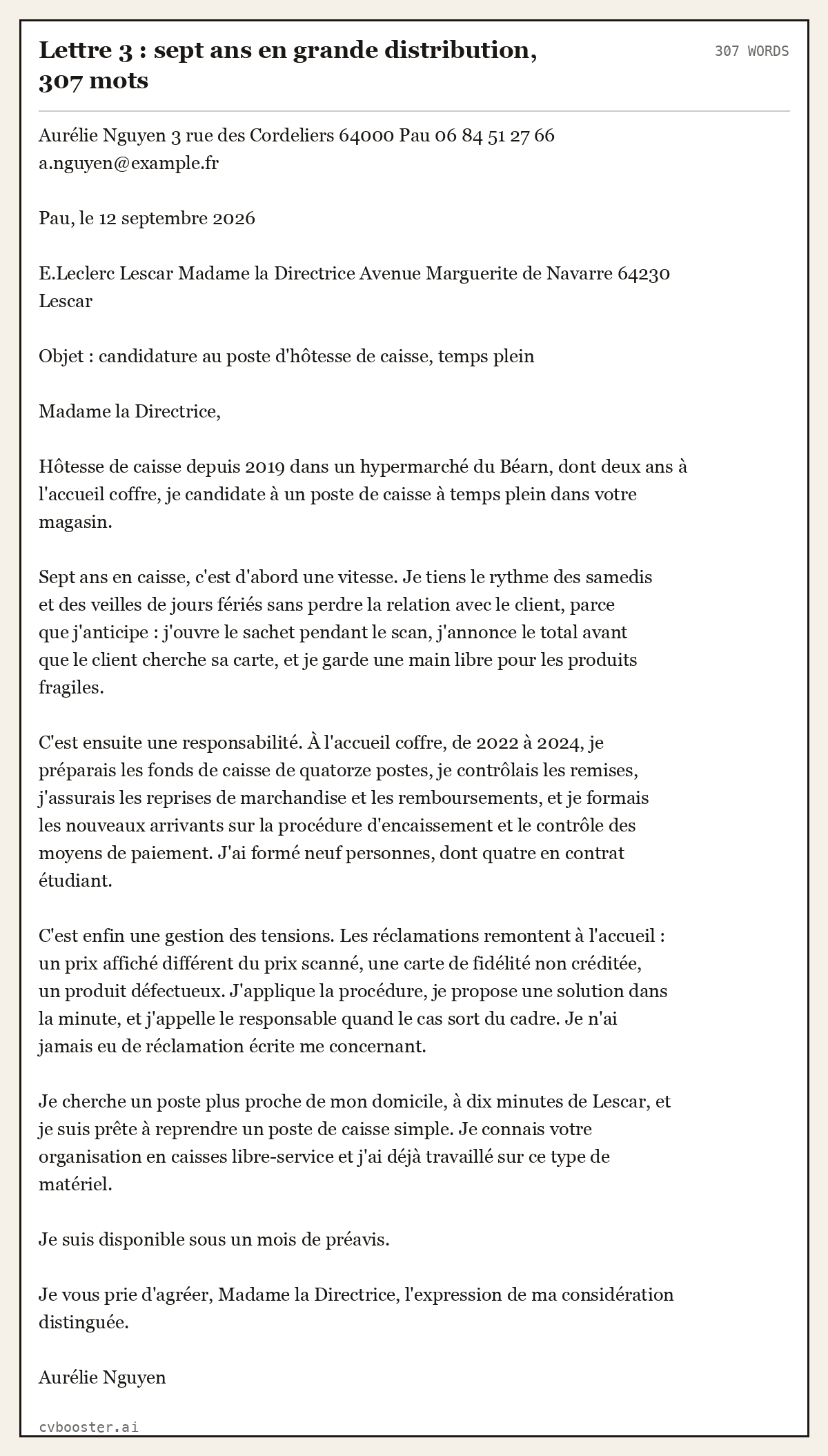 Exemple complet: Lettre 3 : sept ans en grande distribution, 307 mots, 307 mots