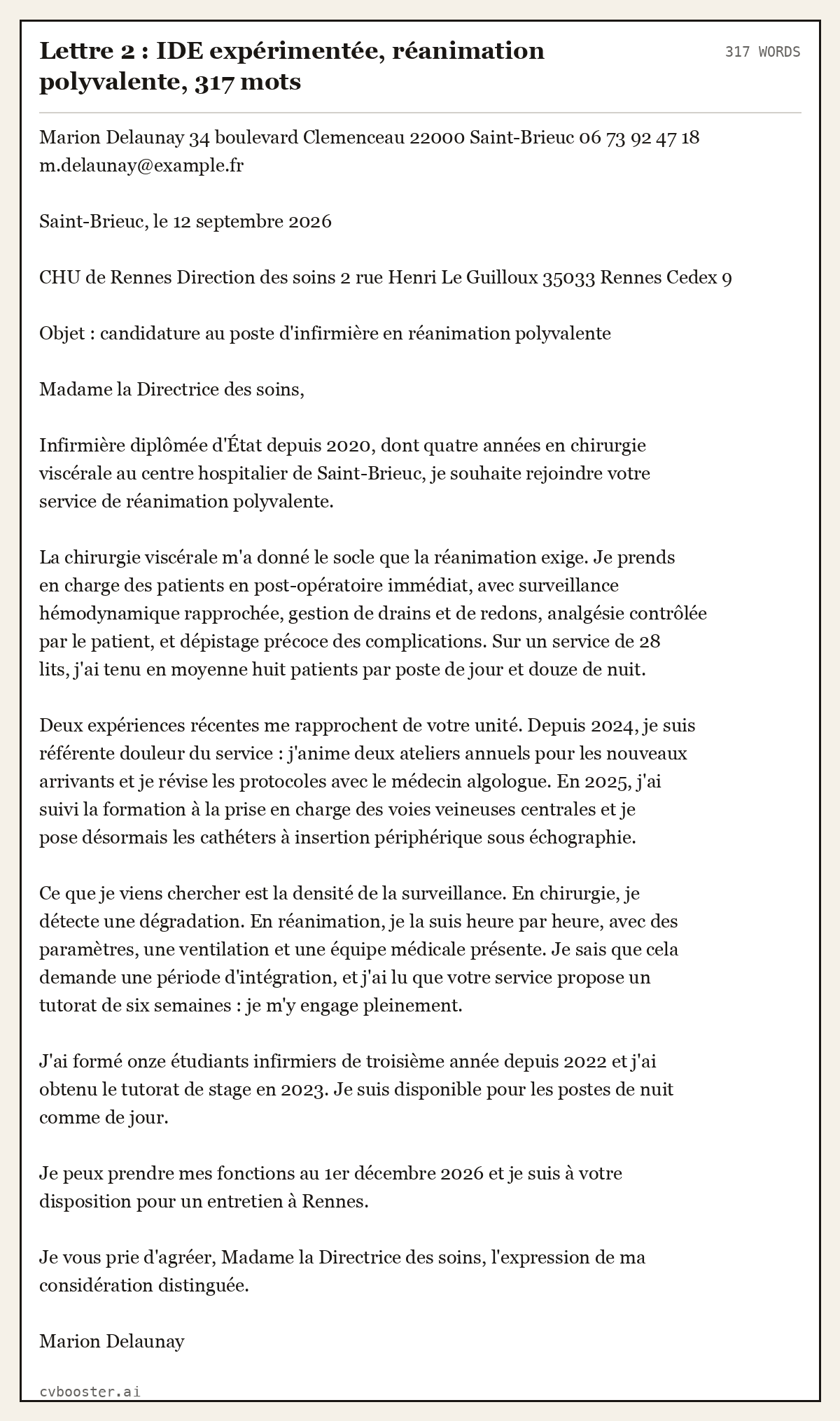 Exemple complet: Lettre 2 : IDE expérimentée, réanimation polyvalente, 317 mots, 317 mots