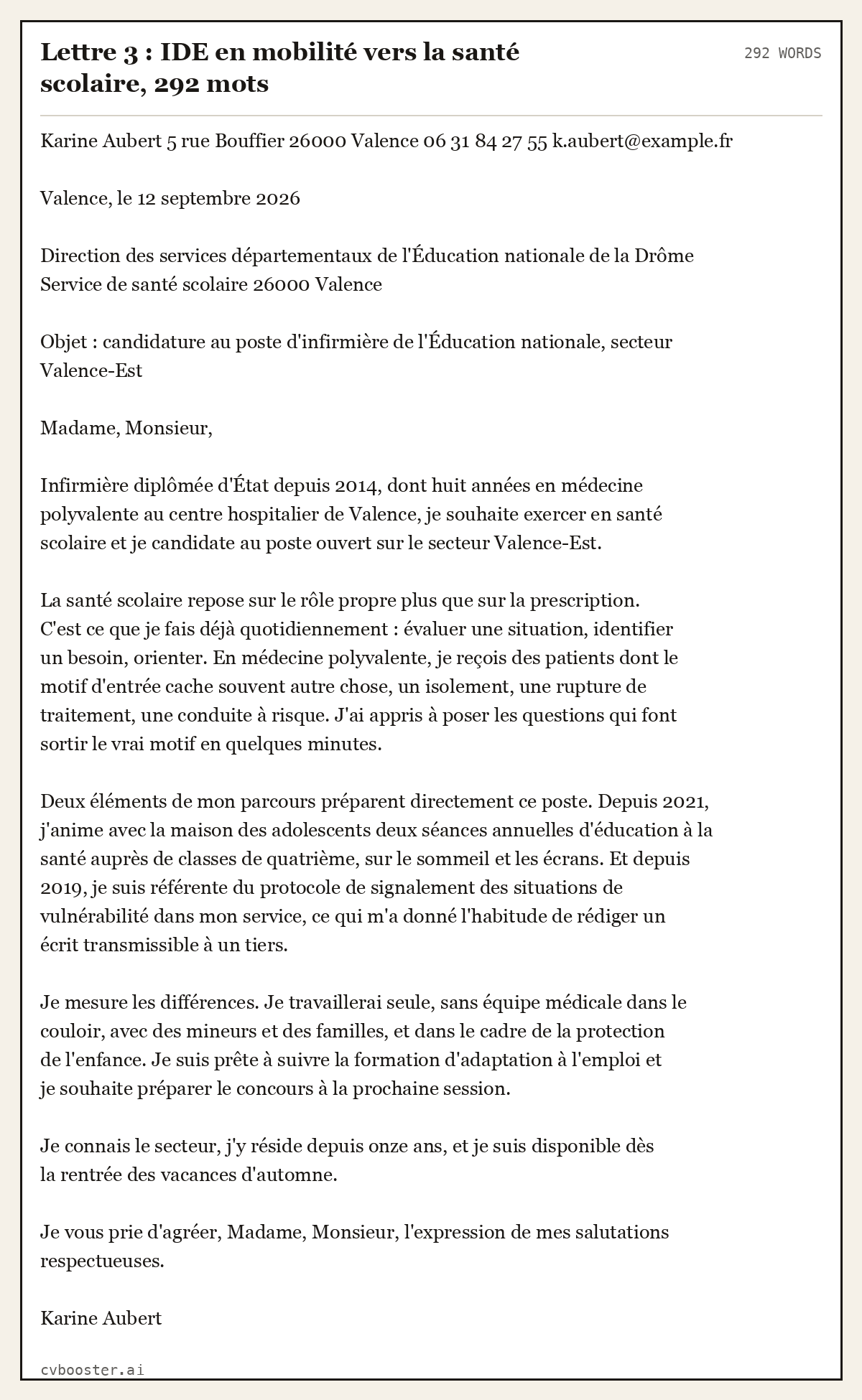 Exemple complet: Lettre 3 : IDE en mobilité vers la santé scolaire, 292 mots, 292 mots