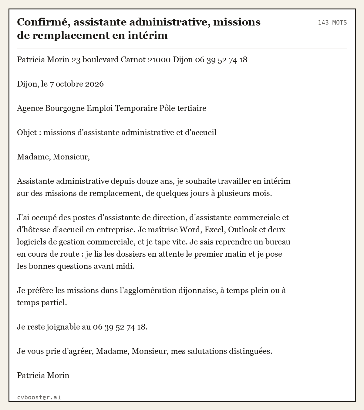 Exemple complet: Confirmé, assistante administrative, missions de remplacement en intérim, 143 mots