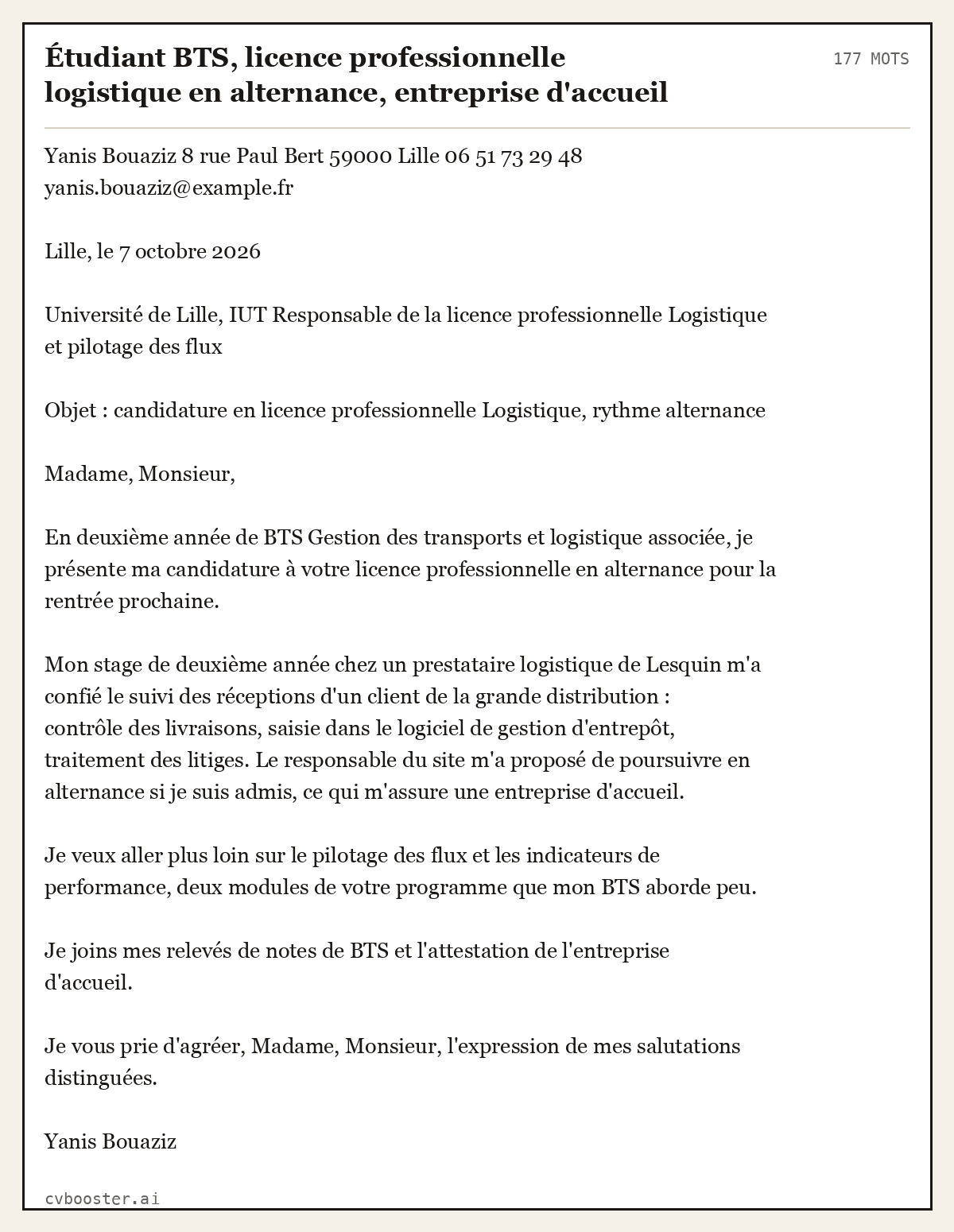Exemple complet: Étudiant BTS, licence professionnelle logistique en alternance, entreprise d'accueil trouvée, 177 mots