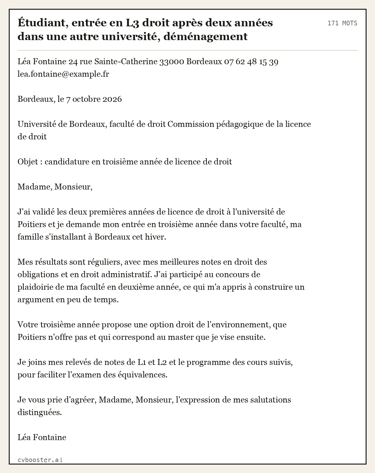 Exemple complet: Étudiant, entrée en L3 droit après deux années dans une autre université, déménagement, 171 mots