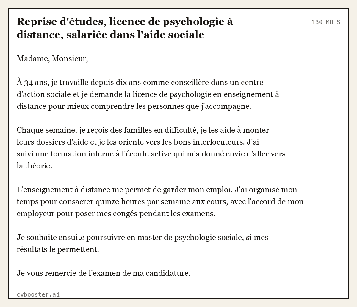 Exemple complet: Reprise d'études, licence de psychologie à distance, salariée dans l'aide sociale, 130 mots