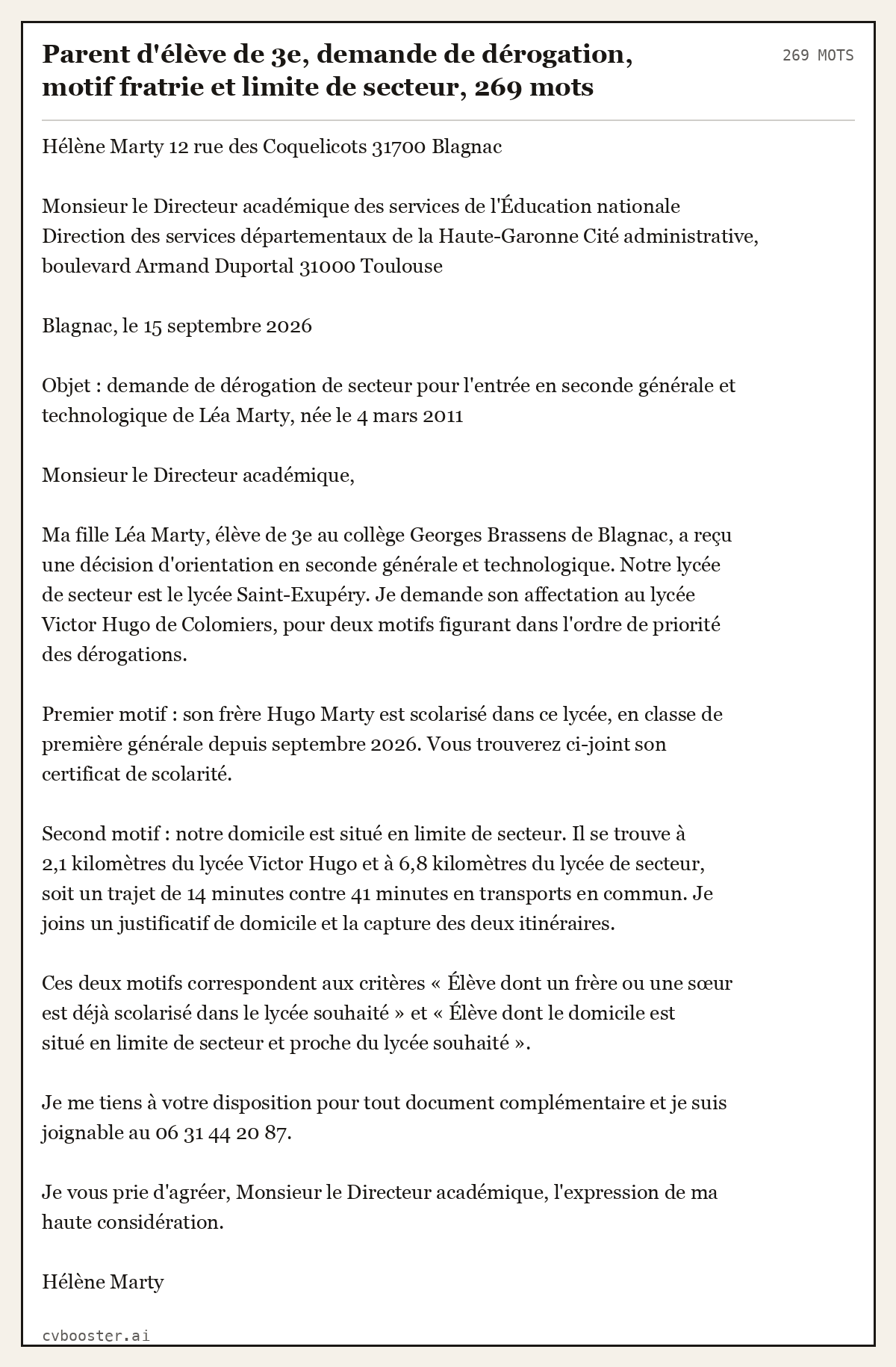 Exemple complet: Parent d'élève de 3e, demande de dérogation, motif fratrie et limite de secteur, 269 mots, 269 mots