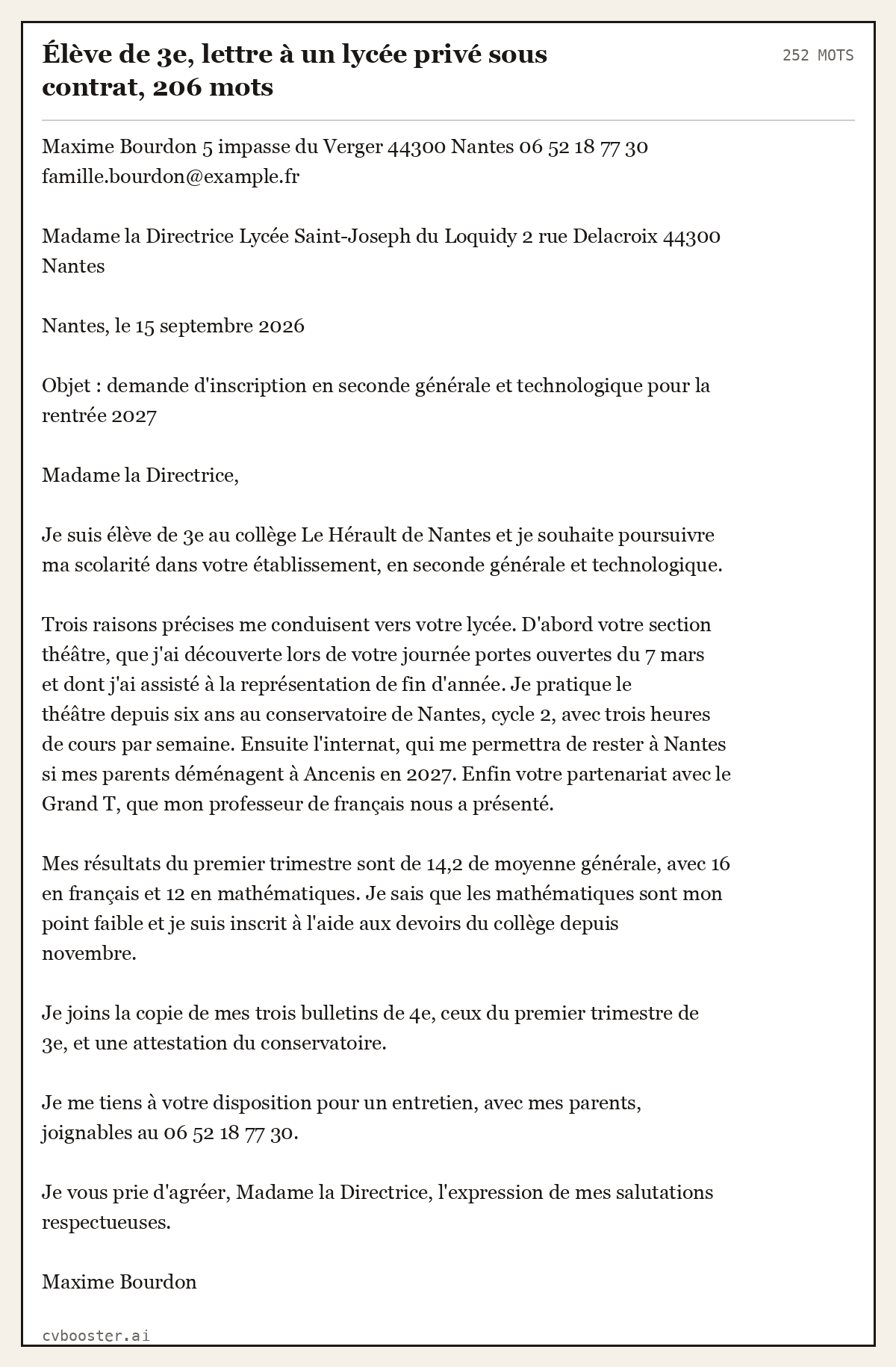 Exemple complet: Élève de 3e, lettre à un lycée privé sous contrat, 206 mots, 252 mots