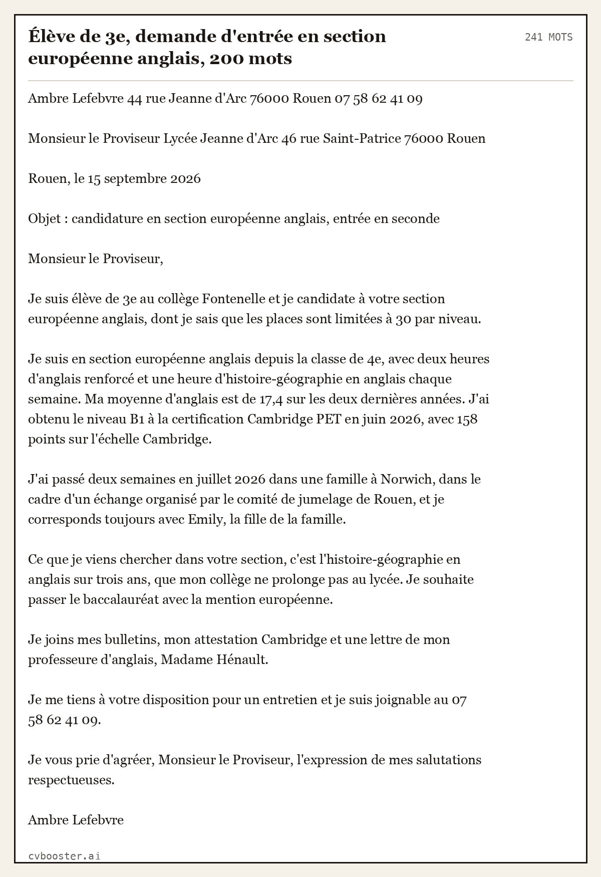Exemple complet: Élève de 3e, demande d'entrée en section européenne anglais, 200 mots, 241 mots
