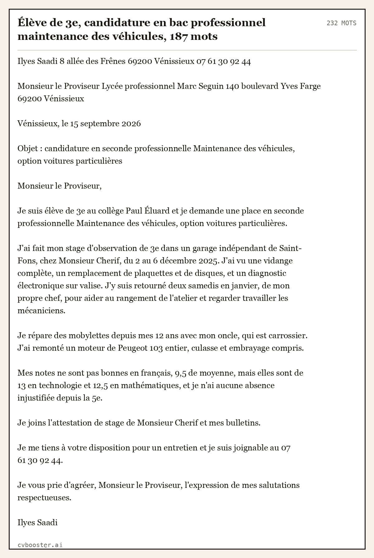 Exemple complet: Élève de 3e, candidature en bac professionnel maintenance des véhicules, 187 mots, 232 mots