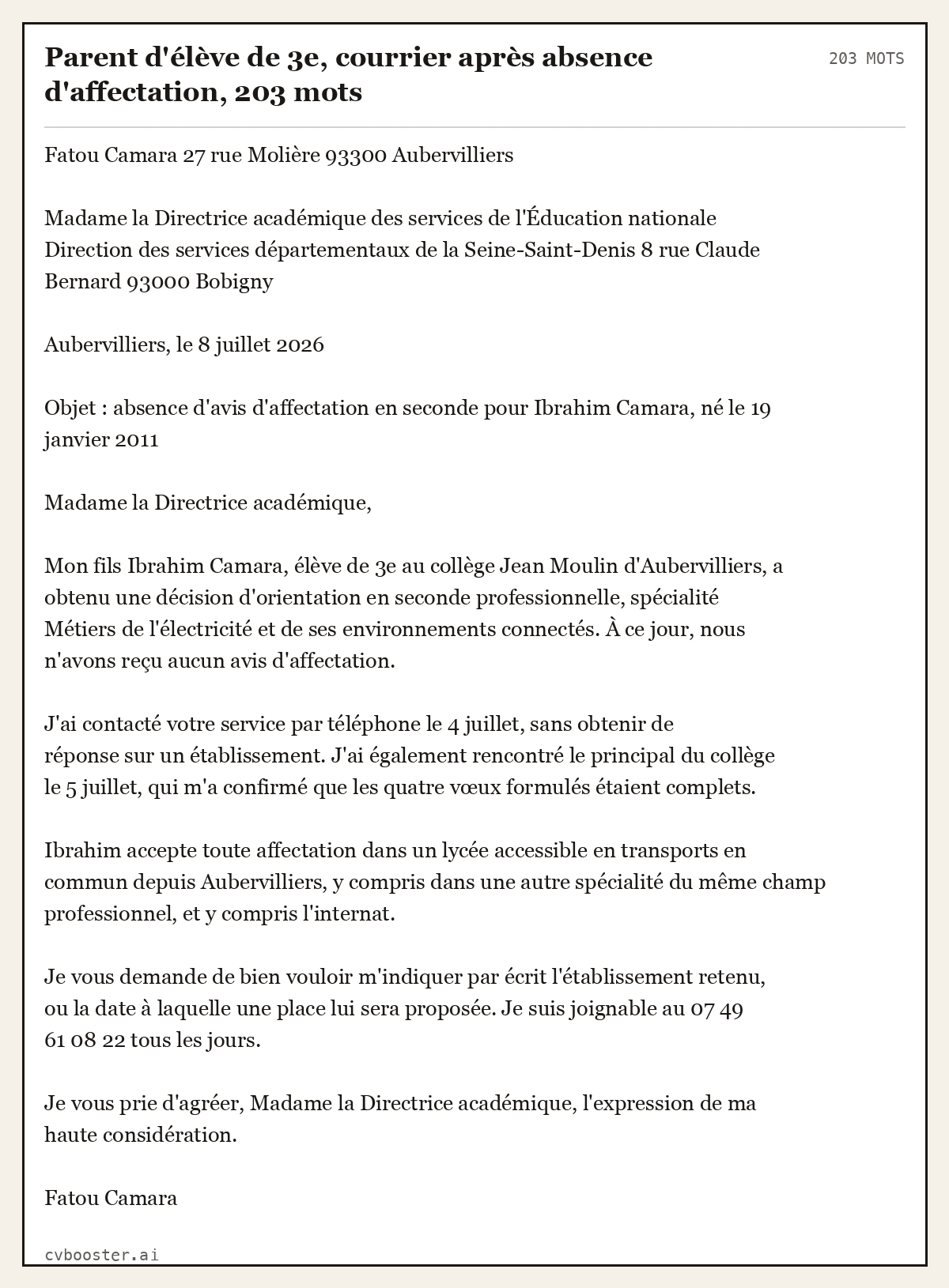 Exemple complet: Parent d'élève de 3e, courrier après absence d'affectation, 203 mots, 203 mots