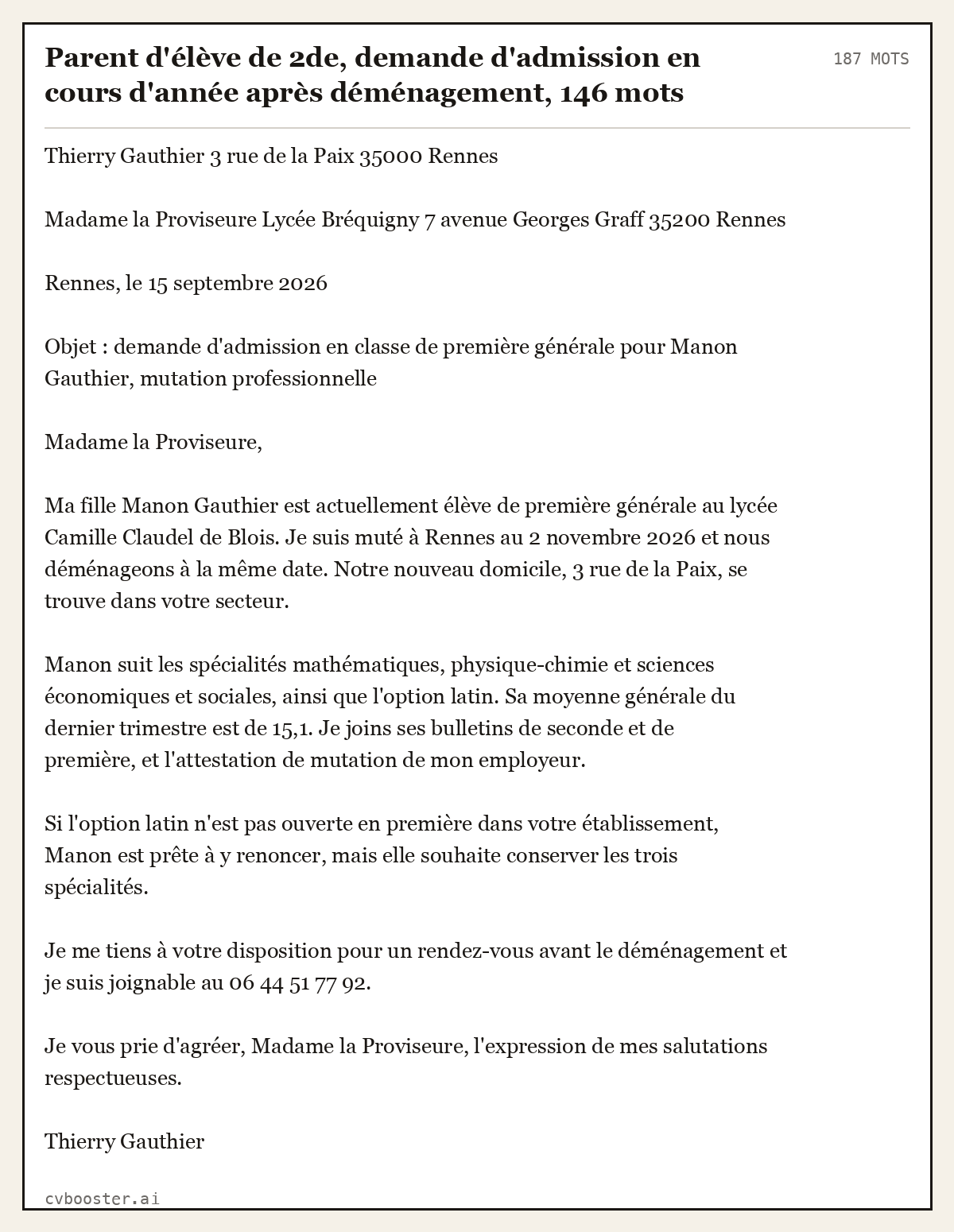Exemple complet: Parent d'élève de 2de, demande d'admission en cours d'année après déménagement, 146 mots, 187 mots