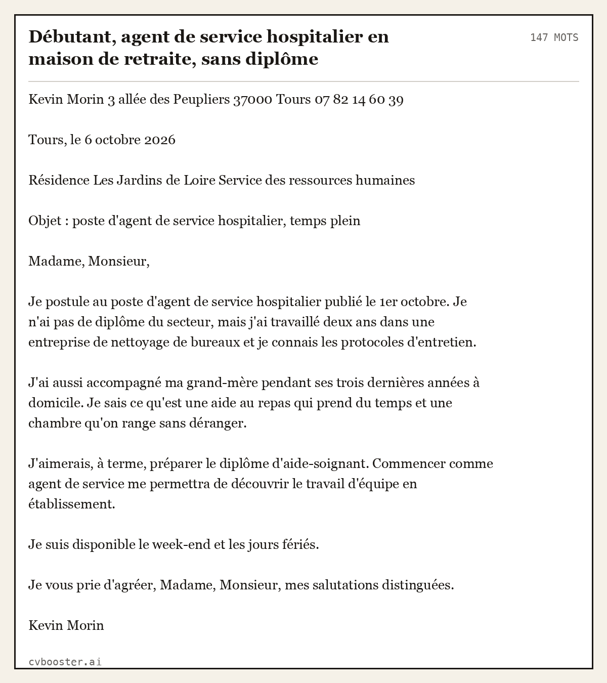 Exemple complet: Débutant, agent de service hospitalier en maison de retraite, sans diplôme, 147 mots