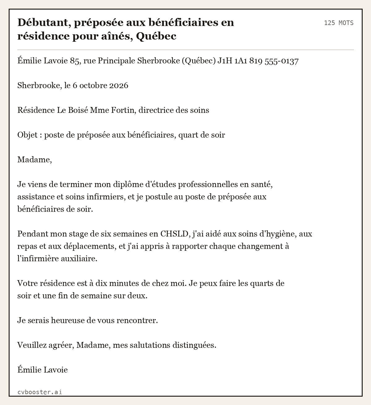 Exemple complet: Débutant, préposée aux bénéficiaires en résidence pour aînés, Québec, 125 mots