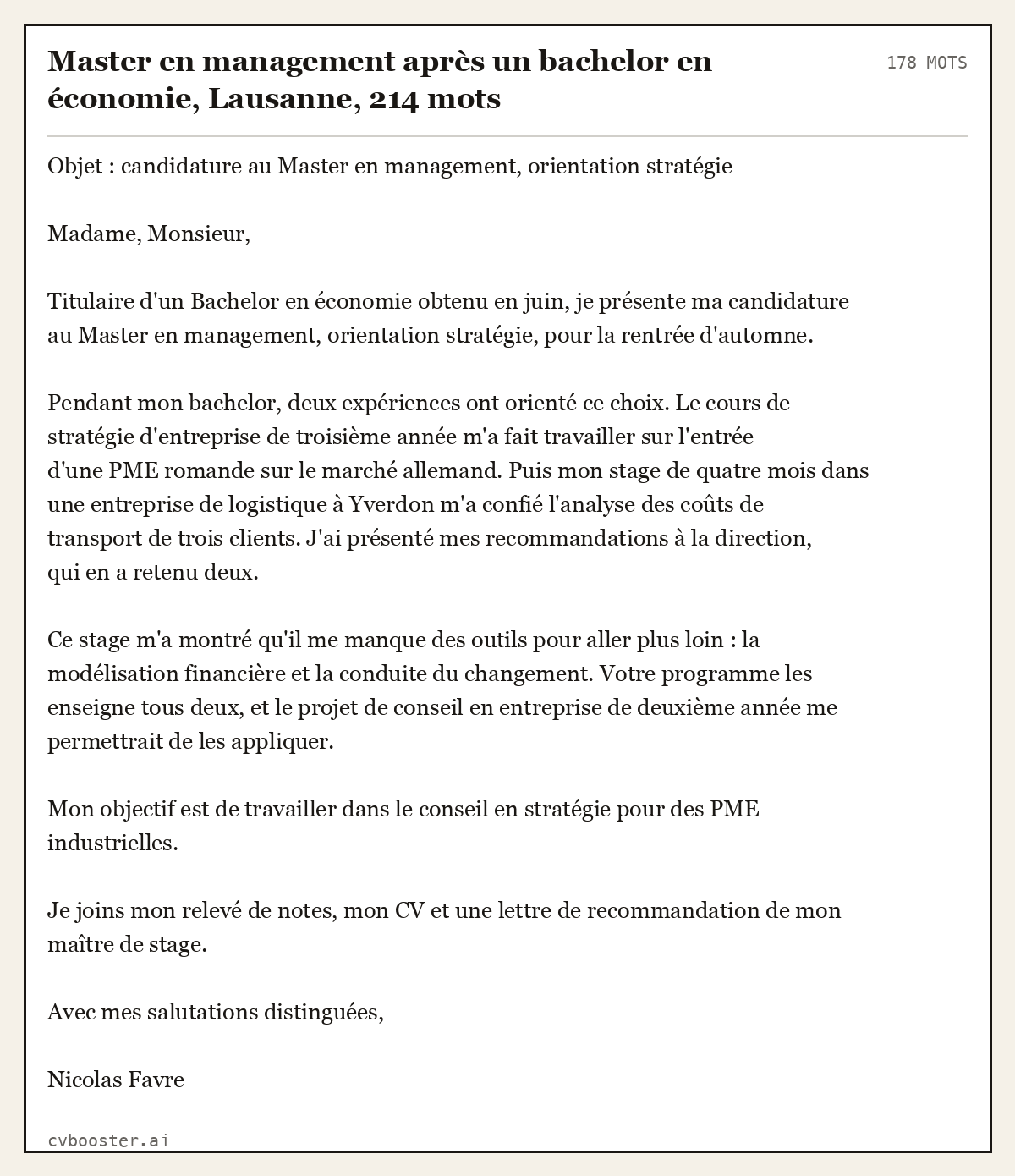 Exemple complet: Master en management après un bachelor en économie, Lausanne, 178 mots