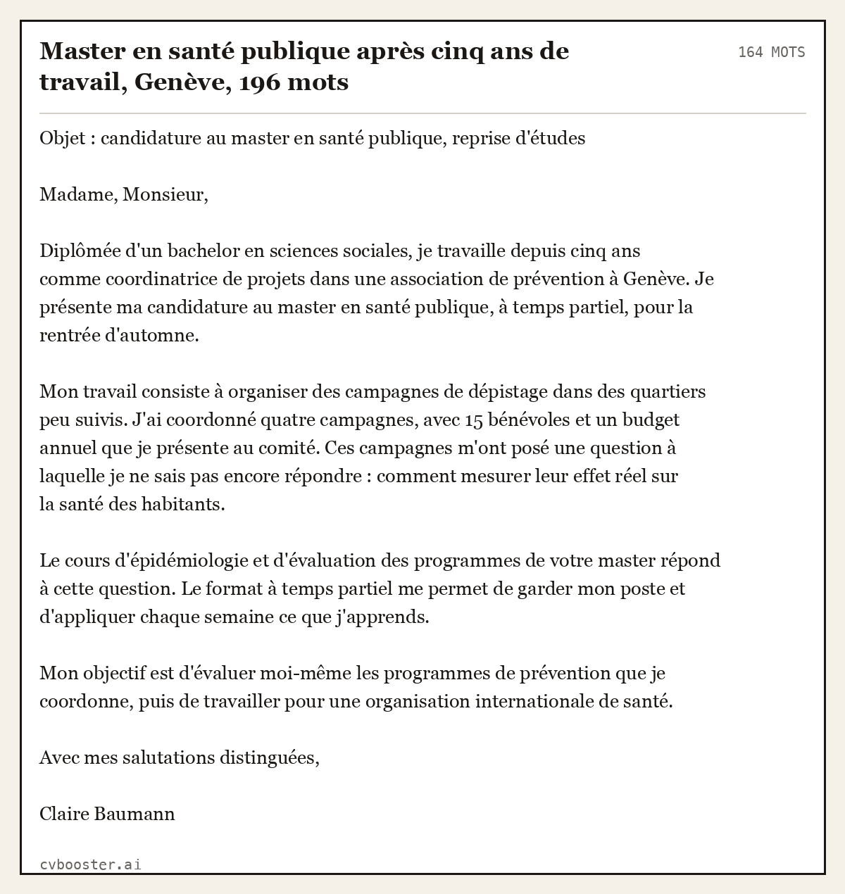 Exemple complet: Master en santé publique après cinq ans de travail, Genève, 164 mots