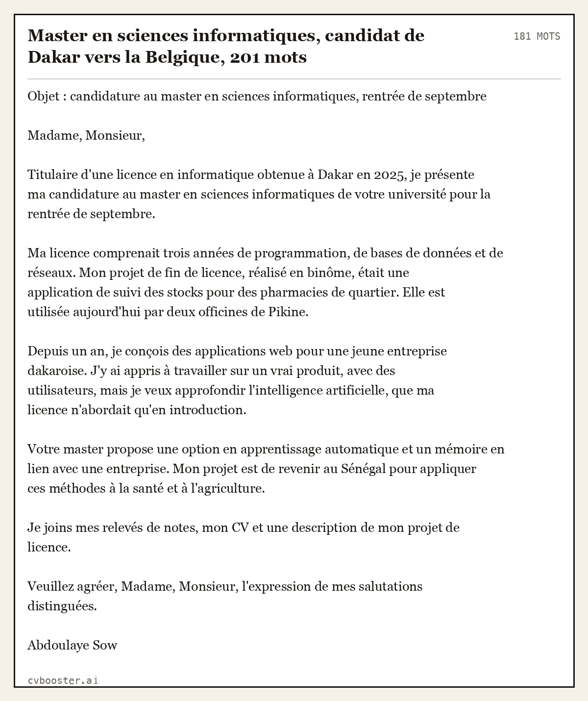 Exemple complet: Master en sciences informatiques, candidat de Dakar vers la Belgique, 181 mots