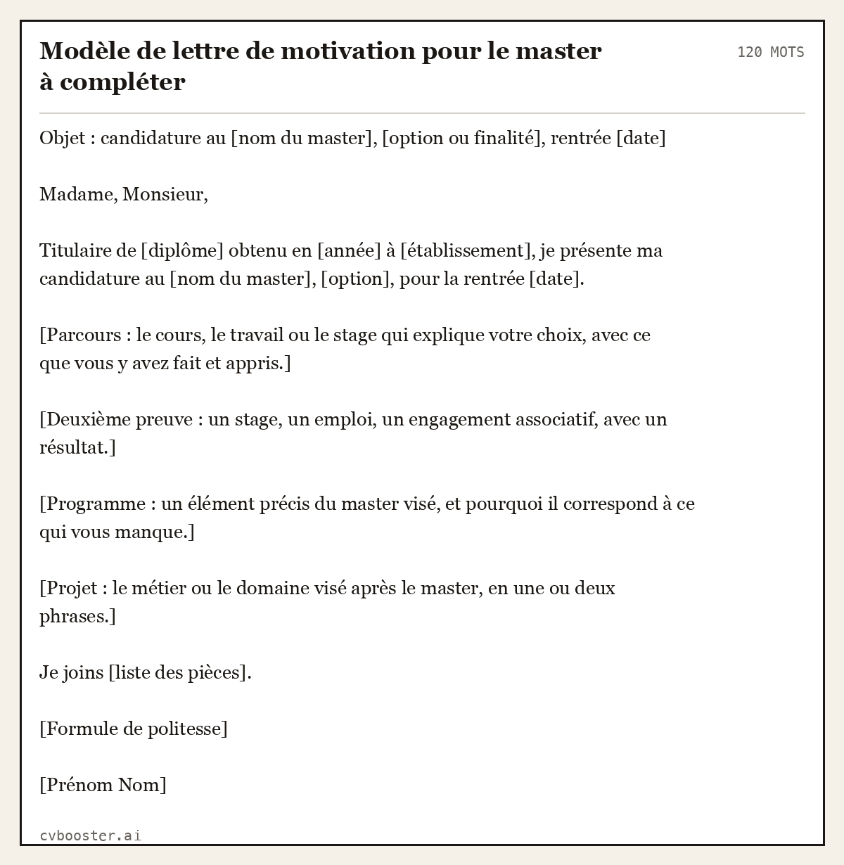 Exemple complet: Modèle de lettre de motivation pour le master à compléter, 120 mots