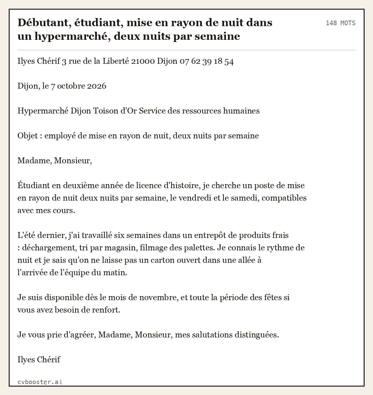 Exemple complet: Débutant, étudiant, mise en rayon de nuit dans un hypermarché, deux nuits par semaine, 148 mots