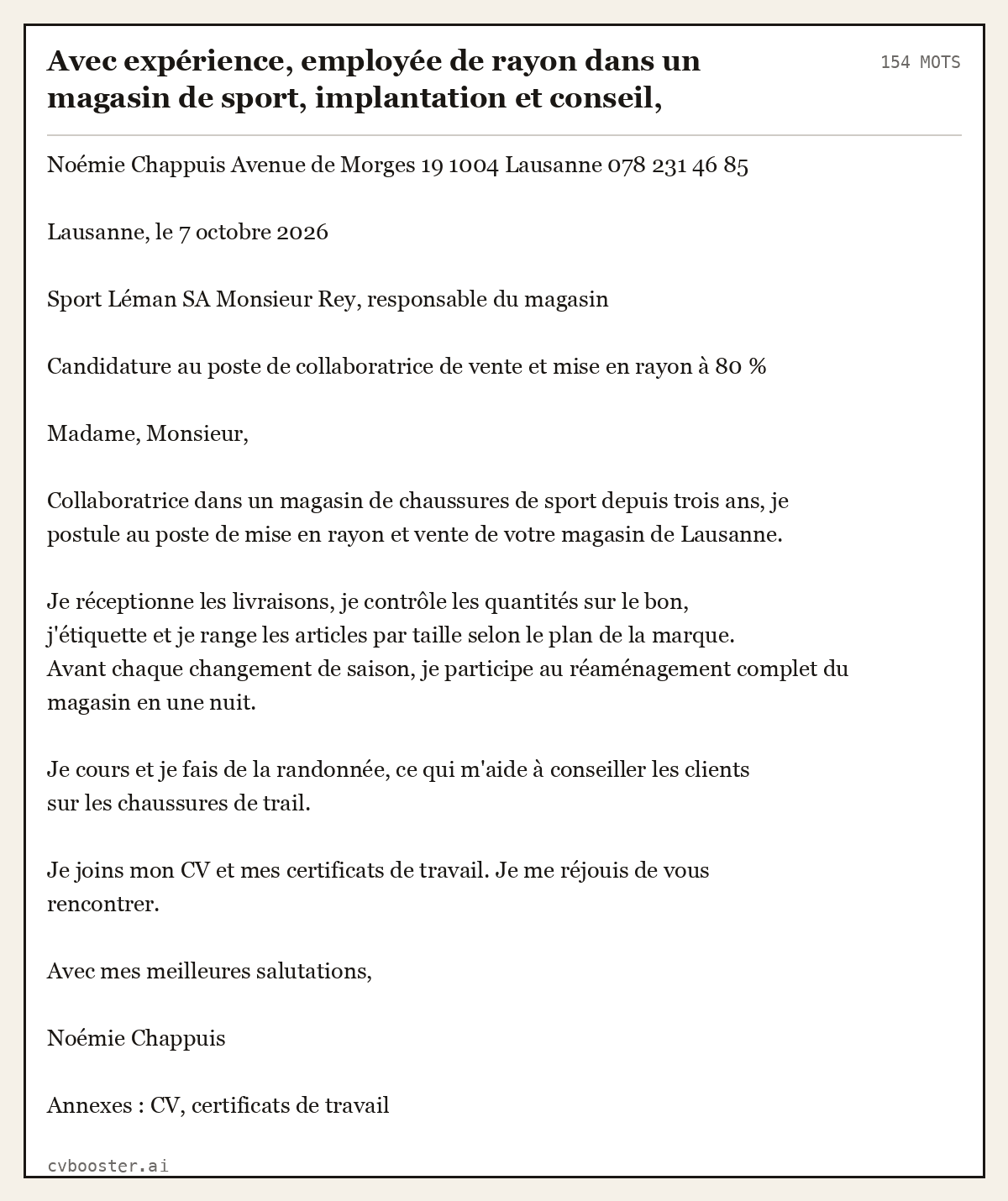Exemple complet: Avec expérience, employée de rayon dans un magasin de sport, implantation et conseil, Lausanne, 154 mots