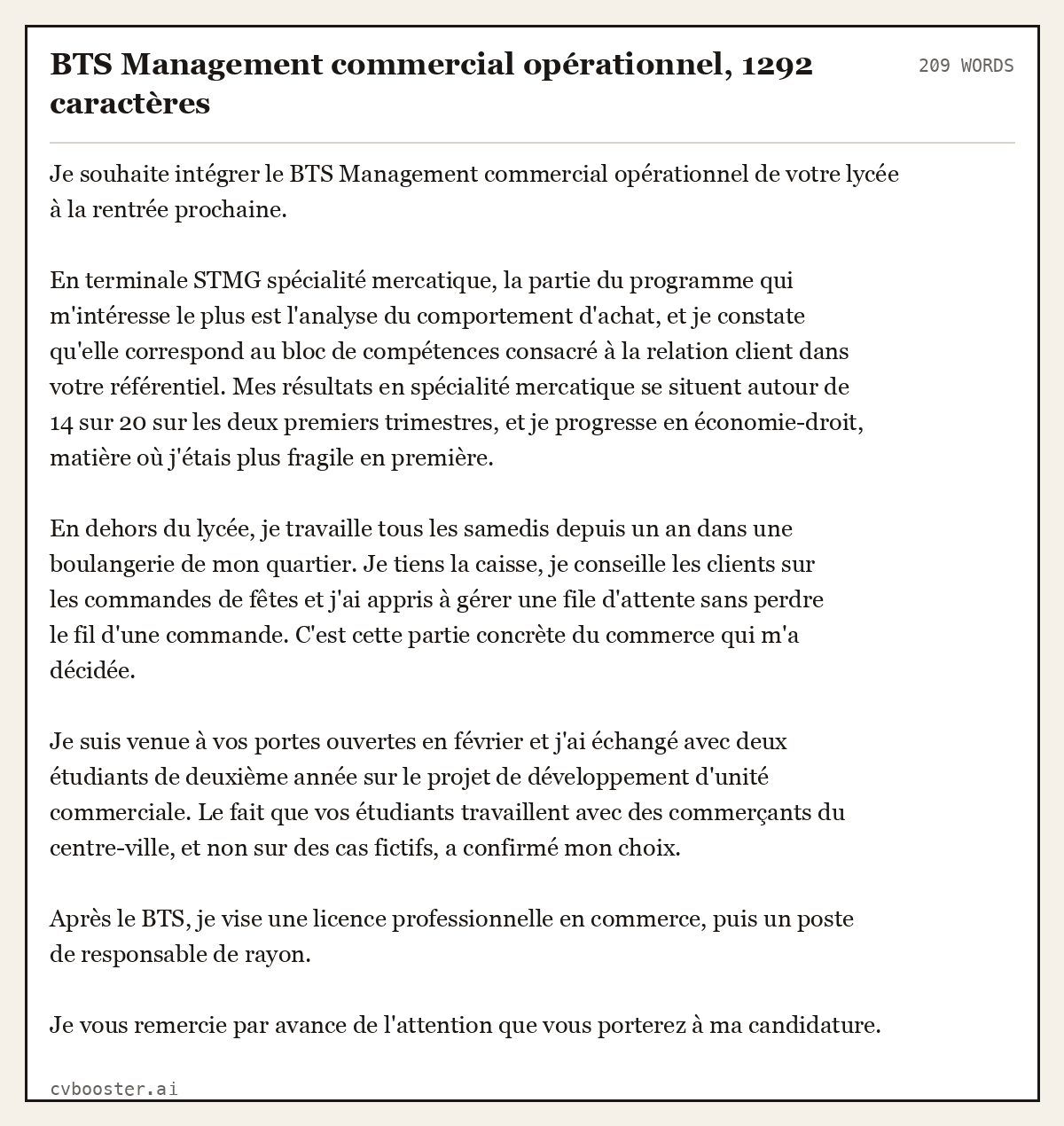 Exemple complet: BTS Management commercial opérationnel, 1292 caractères, 209 mots