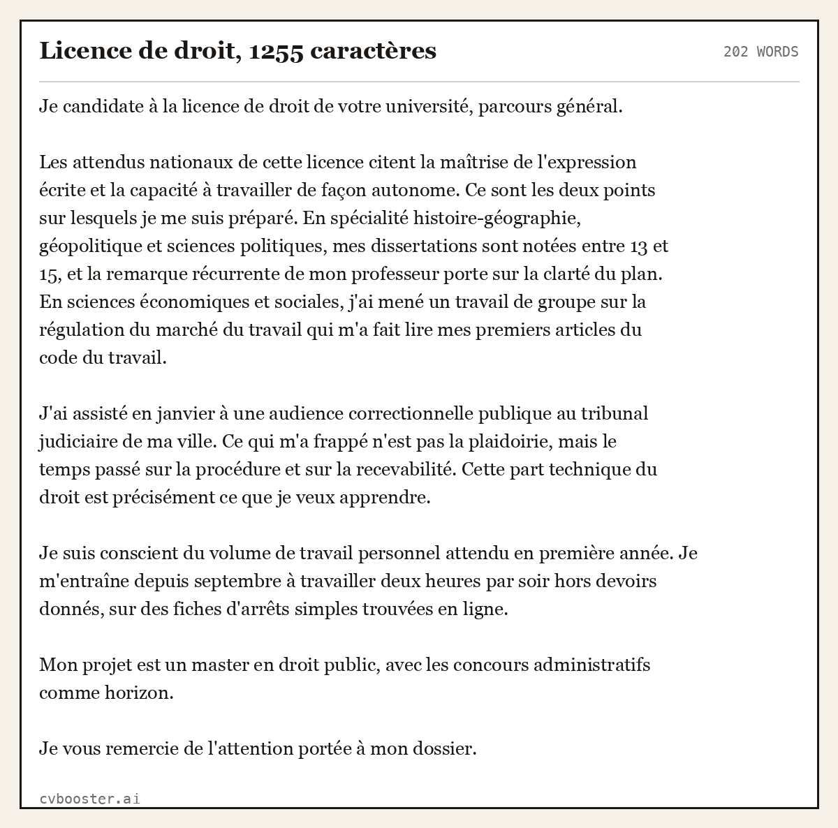 Exemple complet: Licence de droit, 1255 caractères, 202 mots