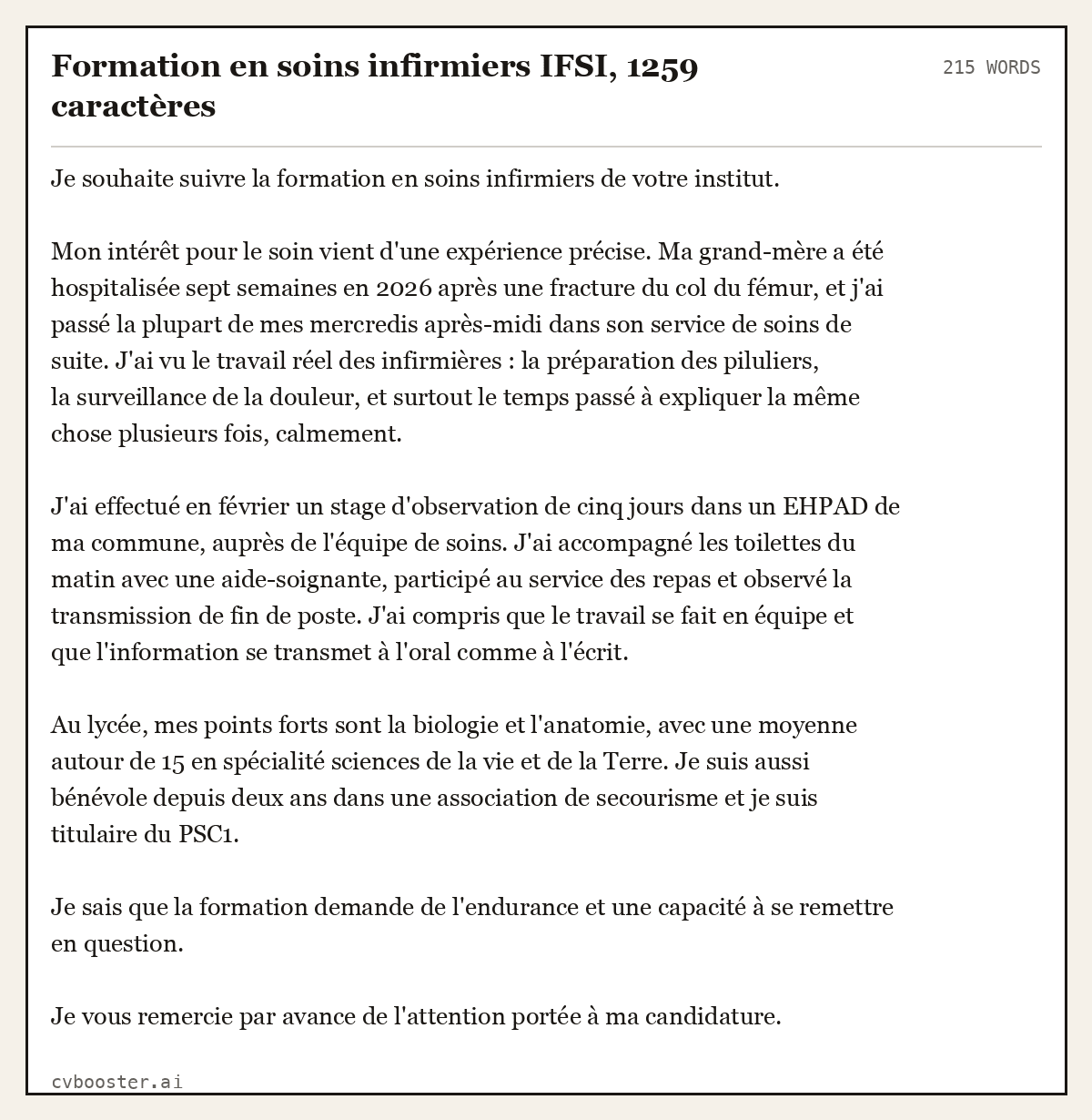 Exemple complet: Formation en soins infirmiers IFSI, 1259 caractères, 215 mots