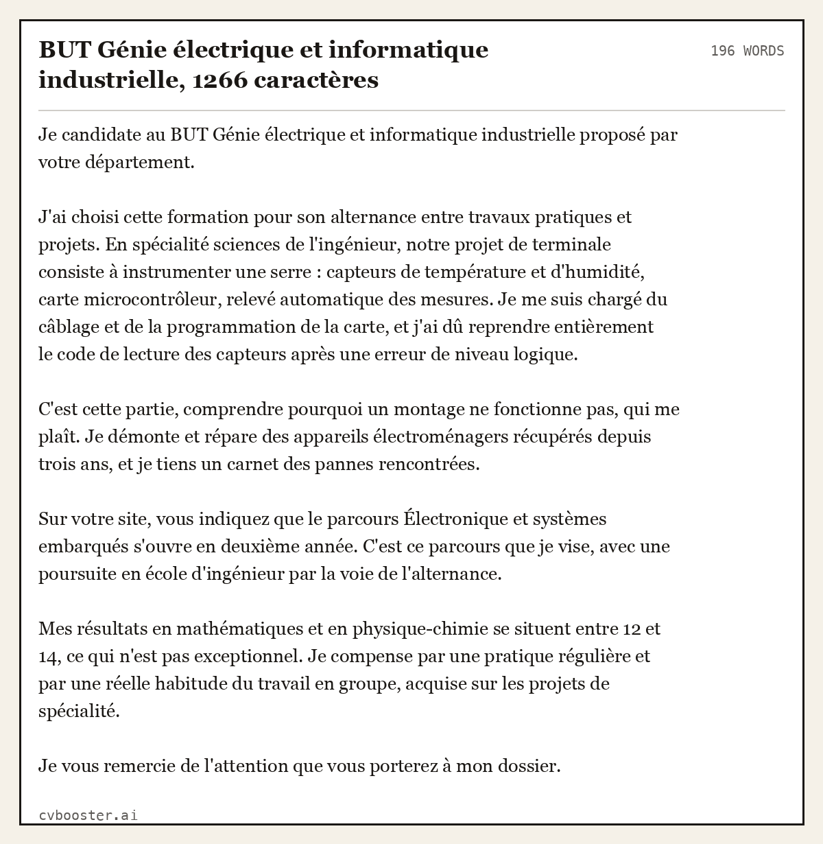 Exemple complet: BUT Génie électrique et informatique industrielle, 1266 caractères, 196 mots