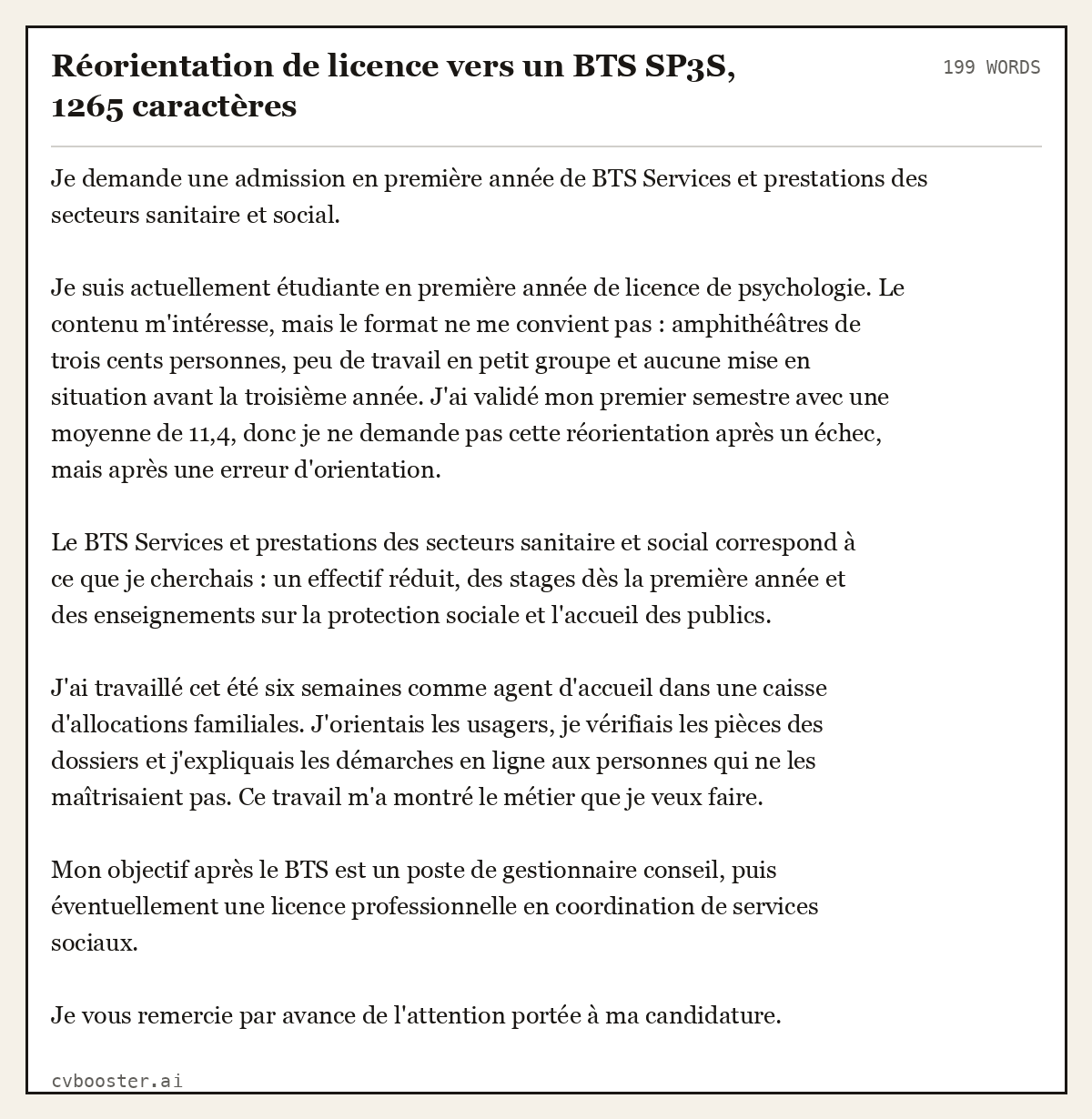 Exemple complet: Réorientation de licence vers un BTS SP3S, 1265 caractères, 199 mots