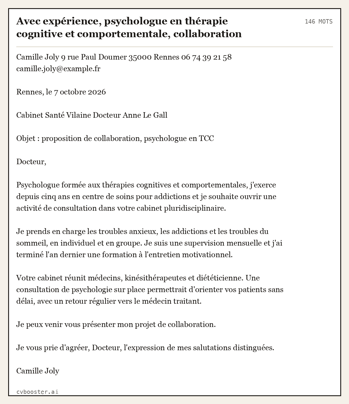 Exemple complet: Avec expérience, psychologue en thérapie cognitive et comportementale, collaboration dans un cabinet pluridisciplinaire, 146 mots