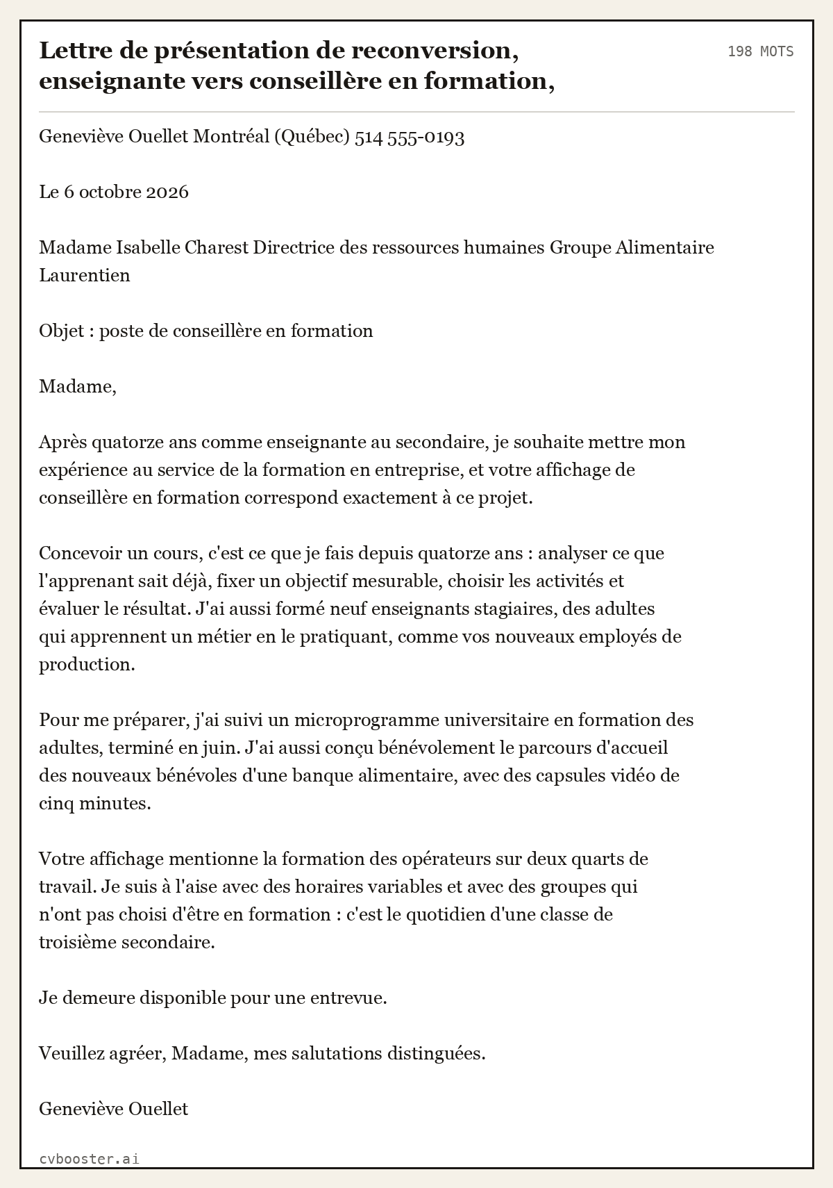 Exemple complet: Lettre de présentation de reconversion, enseignante vers conseillère en formation, Montréal, 198 mots
