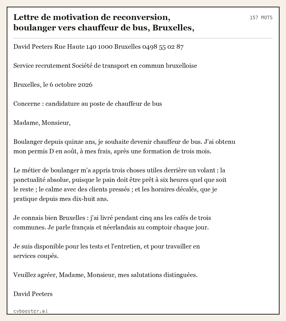 Exemple complet: Lettre de motivation de reconversion, boulanger vers chauffeur de bus, Bruxelles, 157 mots