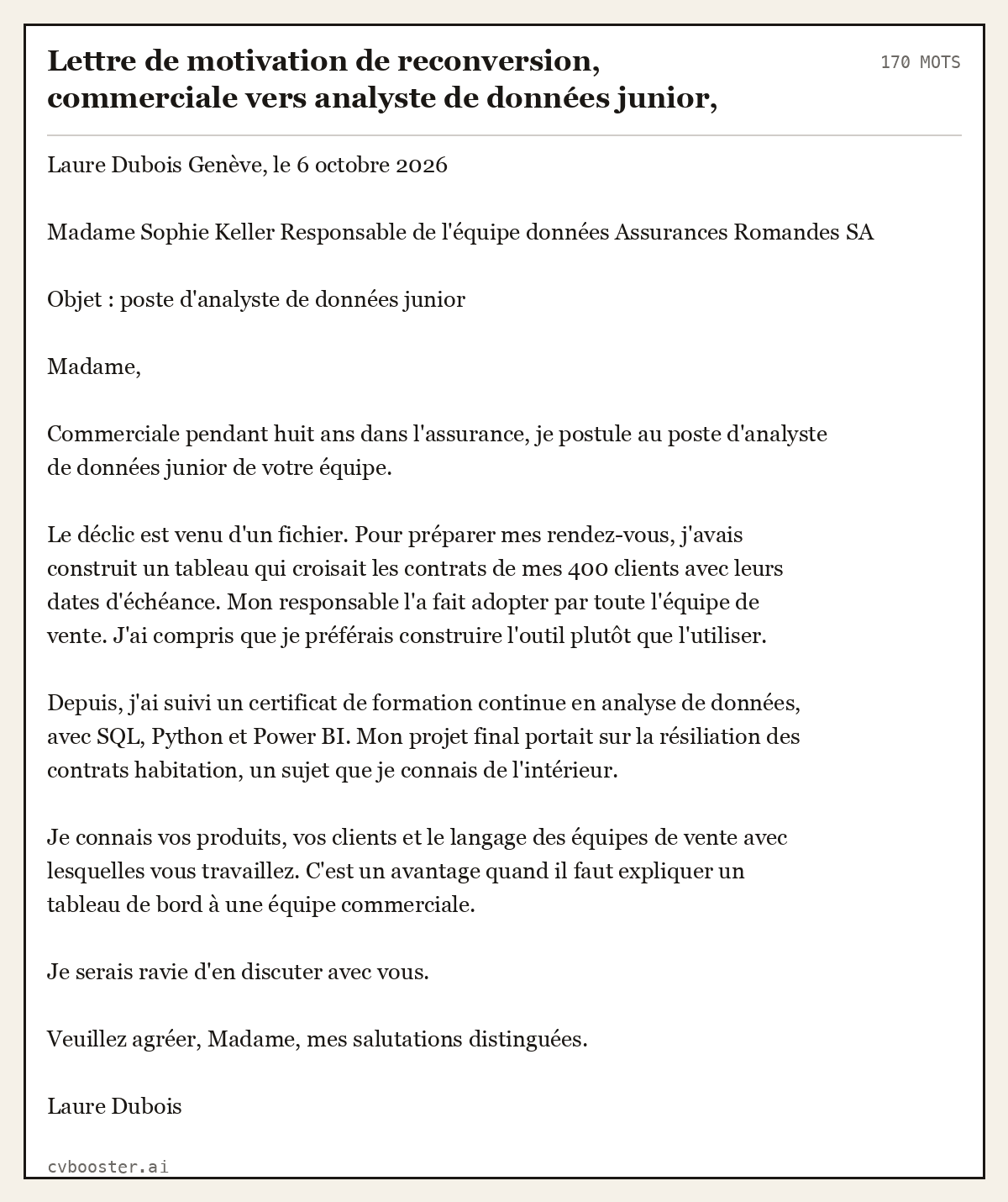 Exemple complet: Lettre de motivation de reconversion, commerciale vers analyste de données junior, Genève, 170 mots