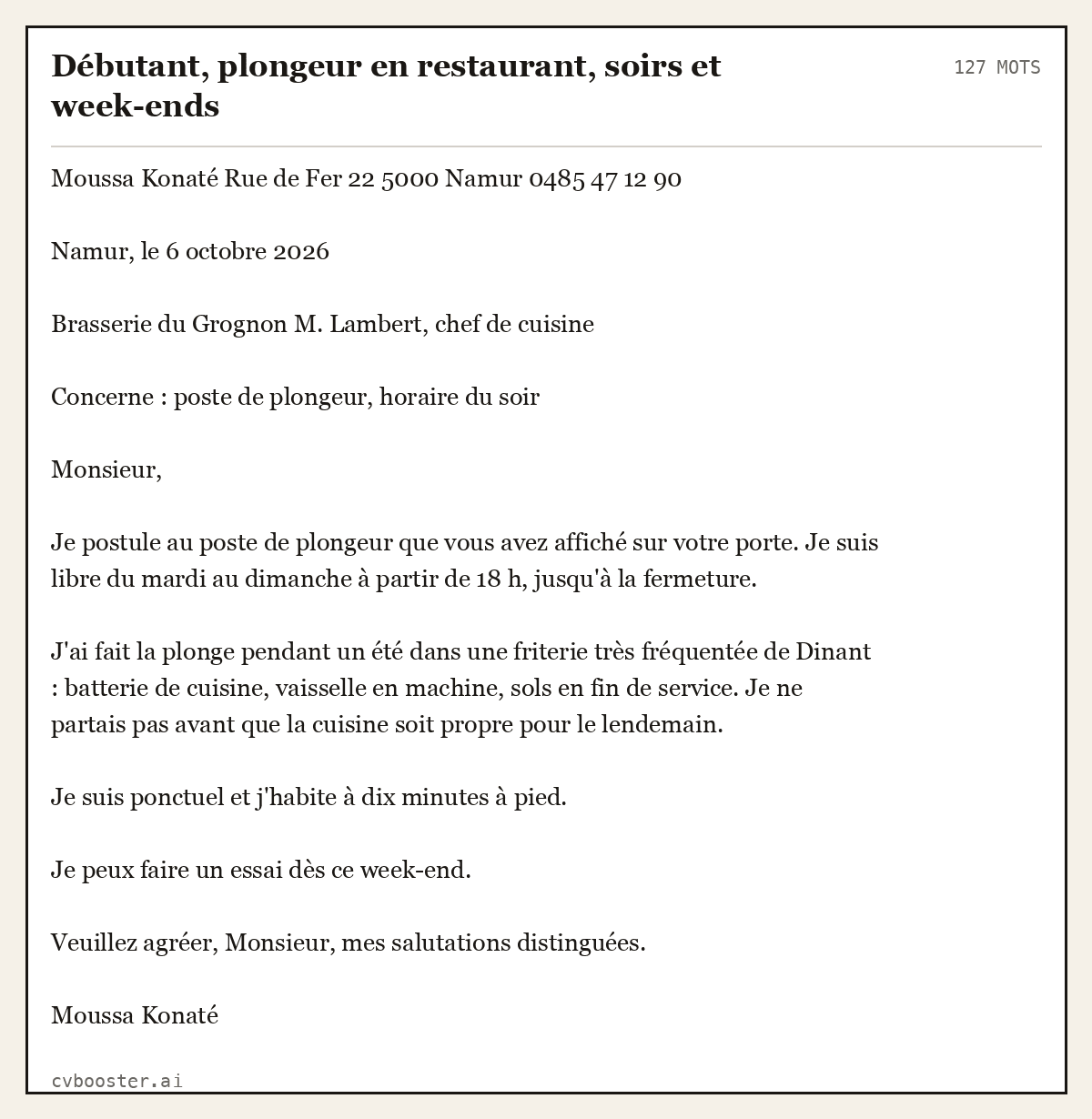 Exemple complet: Débutant, plongeur en restaurant, soirs et week-ends, 127 mots