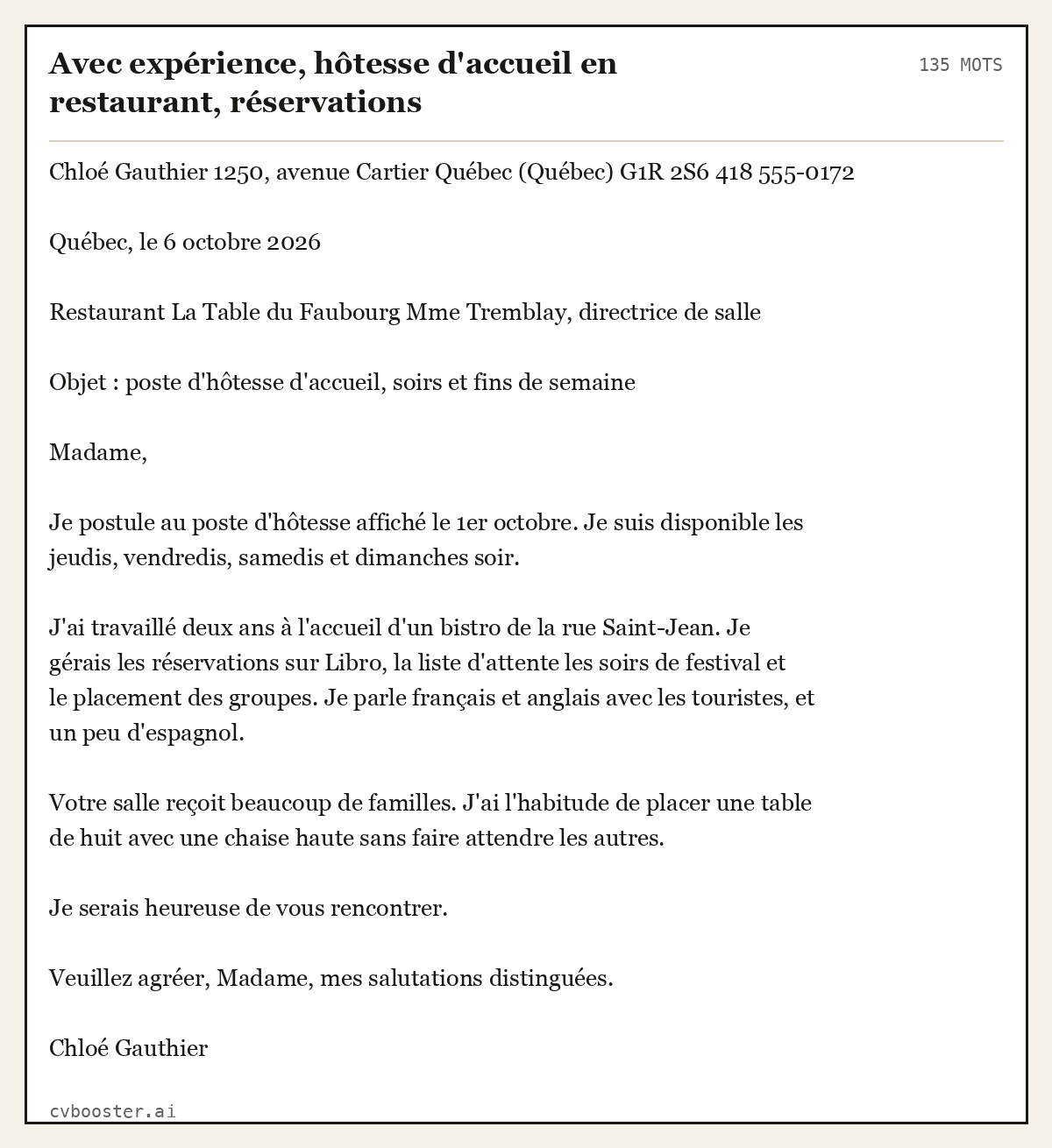 Exemple complet: Avec expérience, hôtesse d'accueil en restaurant, réservations, 135 mots