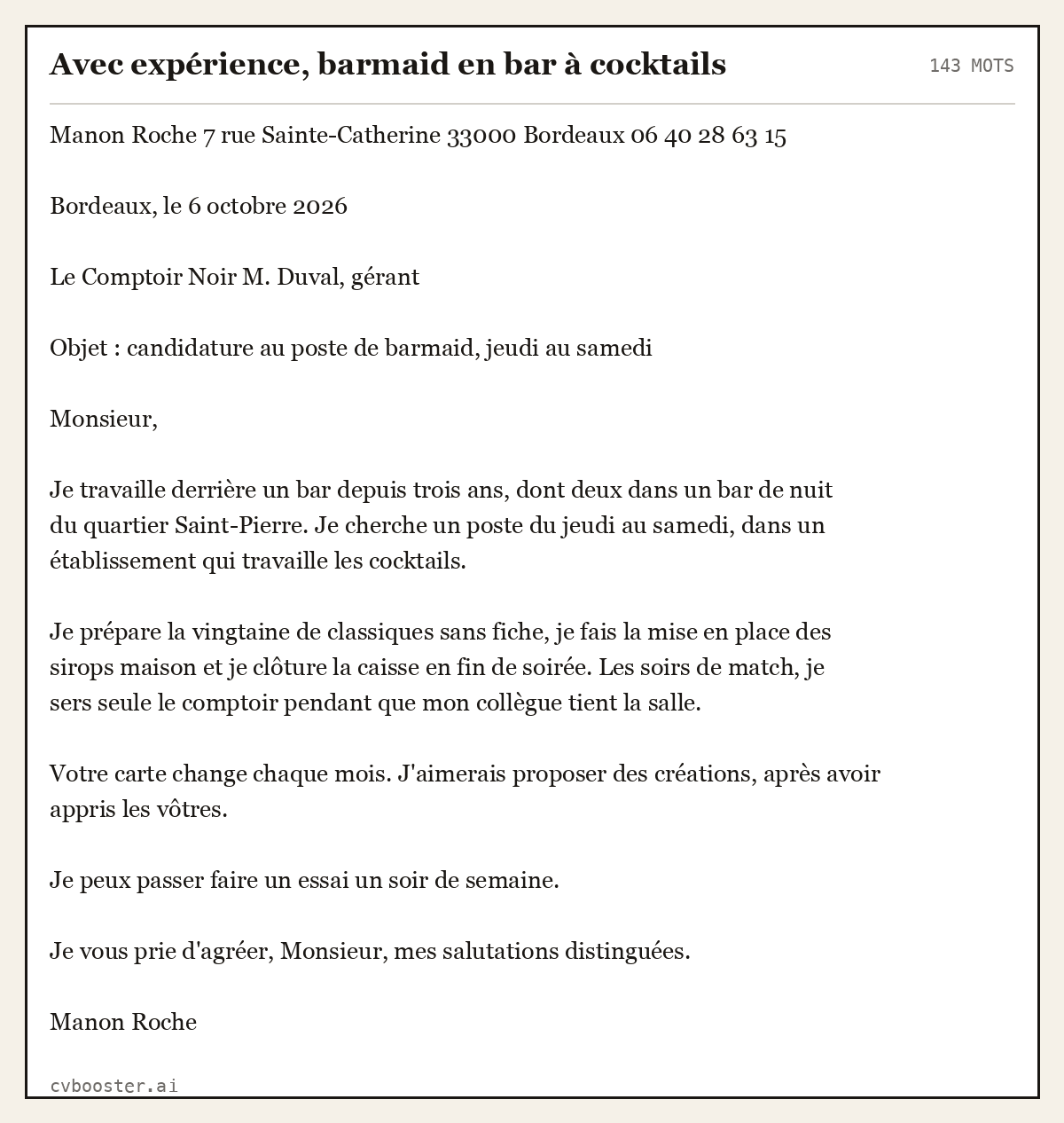 Exemple complet: Avec expérience, barmaid en bar à cocktails, 143 mots