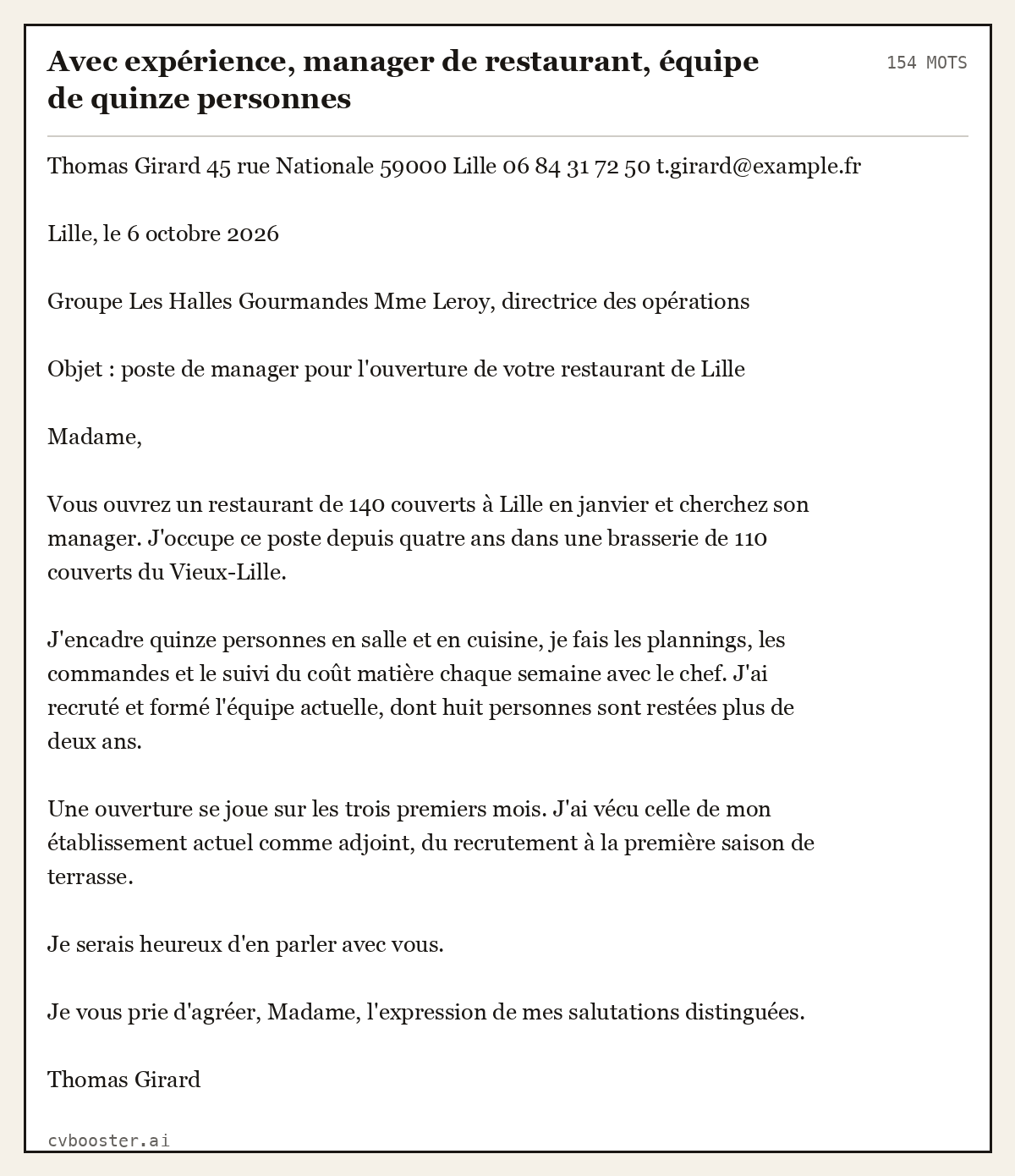 Exemple complet: Avec expérience, manager de restaurant, équipe de quinze personnes, 154 mots