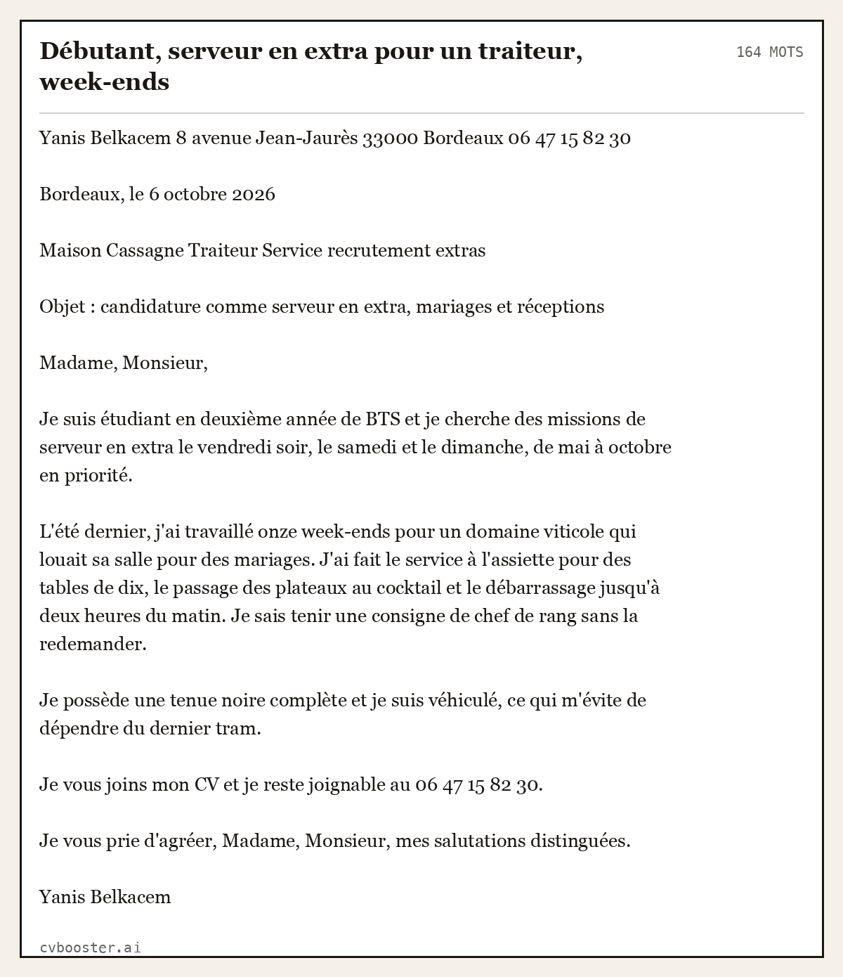 Exemple complet: Débutant, serveur en extra pour un traiteur, week-ends, 164 mots